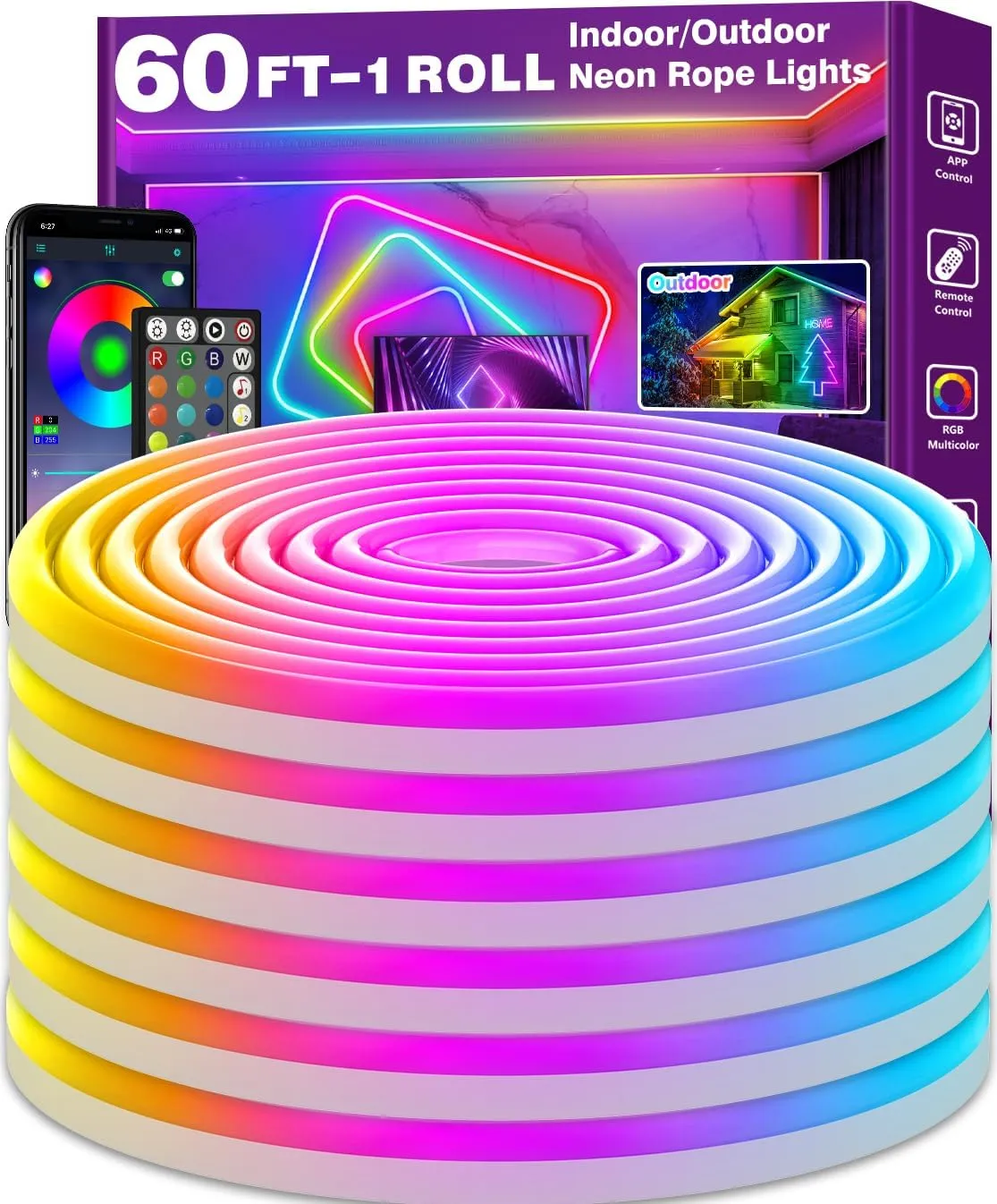 SINLEY Led Neon Rope Lights 60FT,Control with App/Remote,Flexible Led Rope Lights,Multiple Modes,IP68 Outdoor RGB Neon Lights Waterproof,Music Sync Gaming Led Strip Lights for Bedroom Indoor