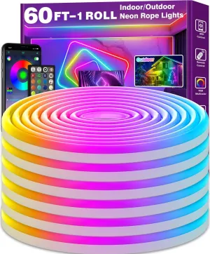 SINLEY Led Neon Rope Lights 60FT,Control with App/Remote,Flexible Led Rope Lights,Multiple Modes,IP68 Outdoor RGB Neon Lights Waterproof,Music Sync Gaming Led Strip Lights for Bedroom Indoor