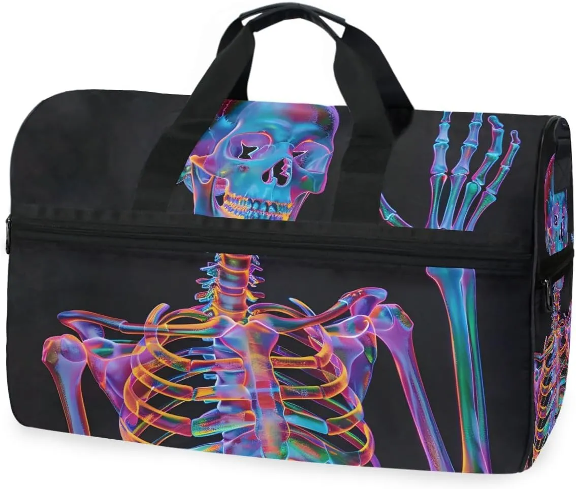 Skull Neon Travel Duffel Bag Luggage Sports Gym Bags With Shoes Compartment Large Capacity Lightweight Duffle Bag For Men Women