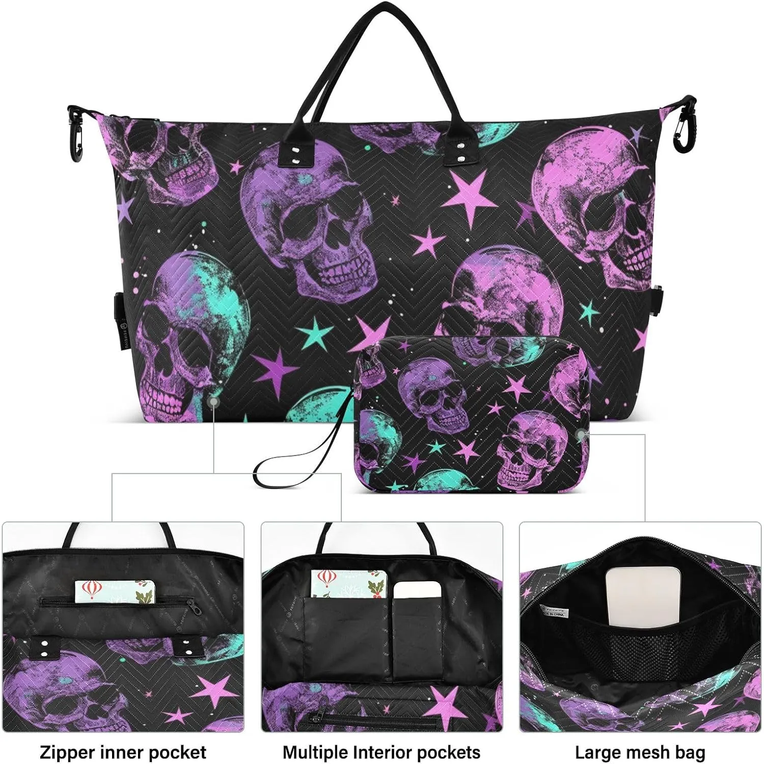 Skull Travel Duffle Bag Gym Bag, Neon Purple Gothic Skull Weekender Bags for Women with Toiletry Bag Travel Tote Bag Swim Bag