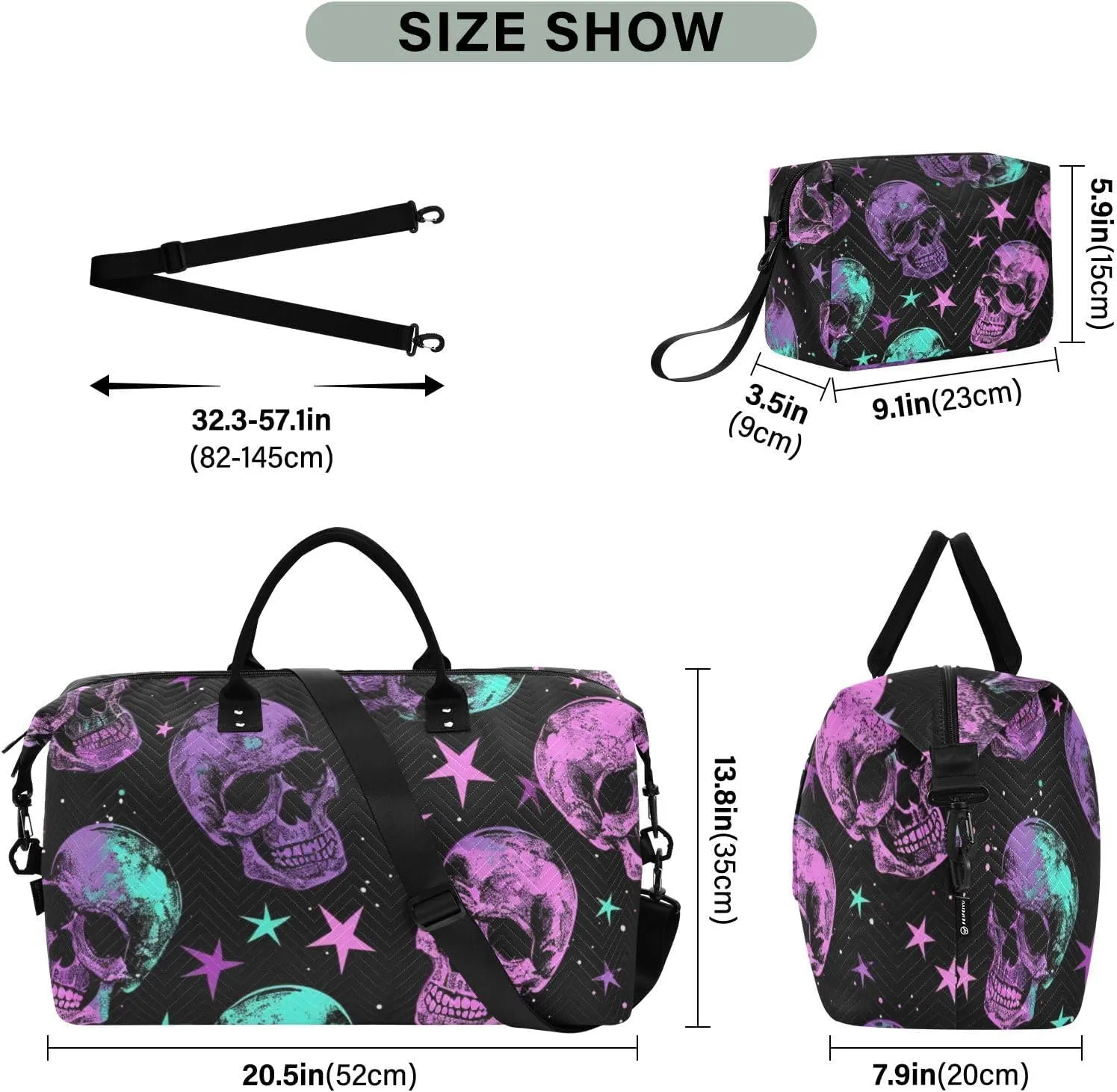 Skull Travel Duffle Bag Gym Bag, Neon Purple Gothic Skull Weekender Bags for Women with Toiletry Bag Travel Tote Bag Swim Bag