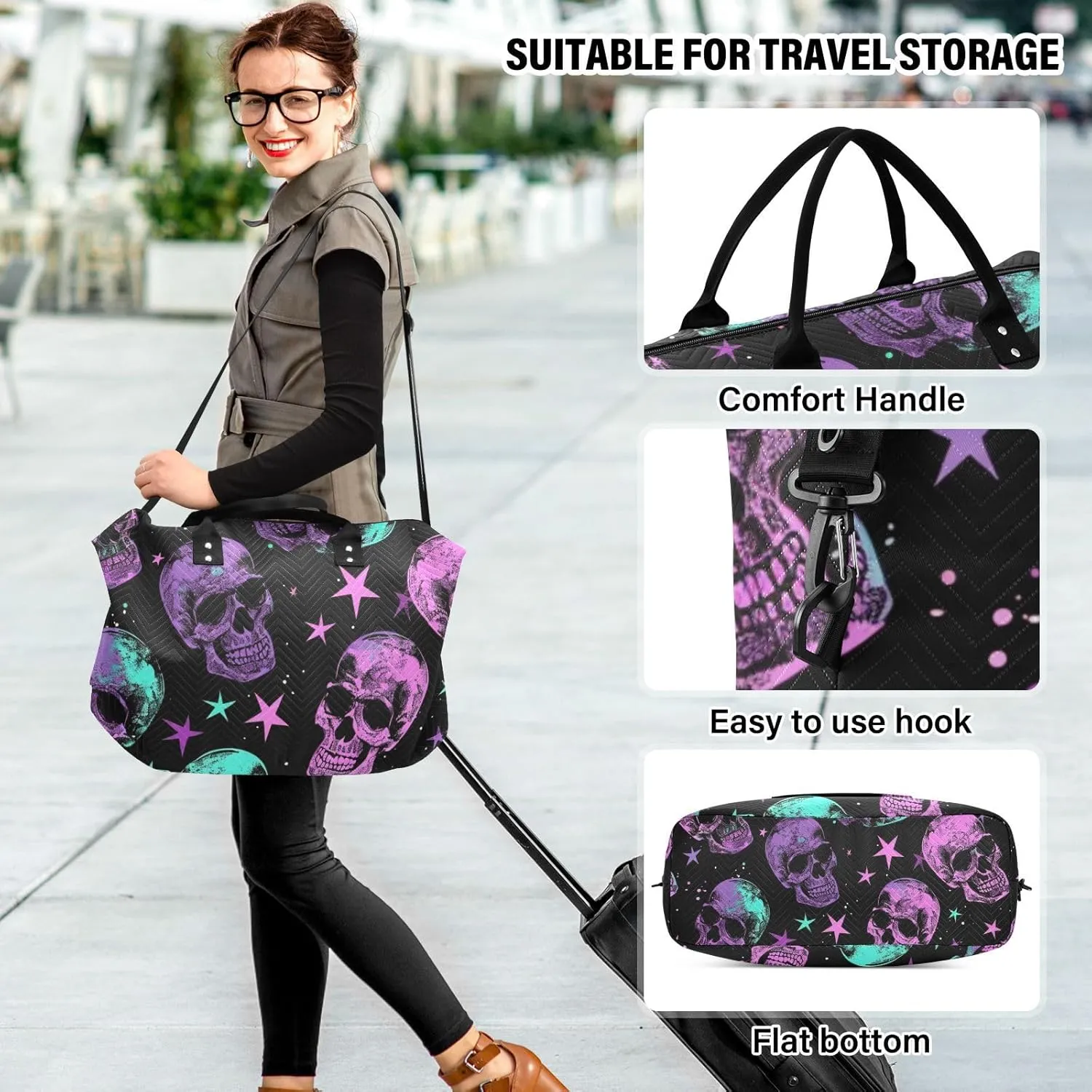 Skull Travel Duffle Bag Gym Bag, Neon Purple Gothic Skull Weekender Bags for Women with Toiletry Bag Travel Tote Bag Swim Bag