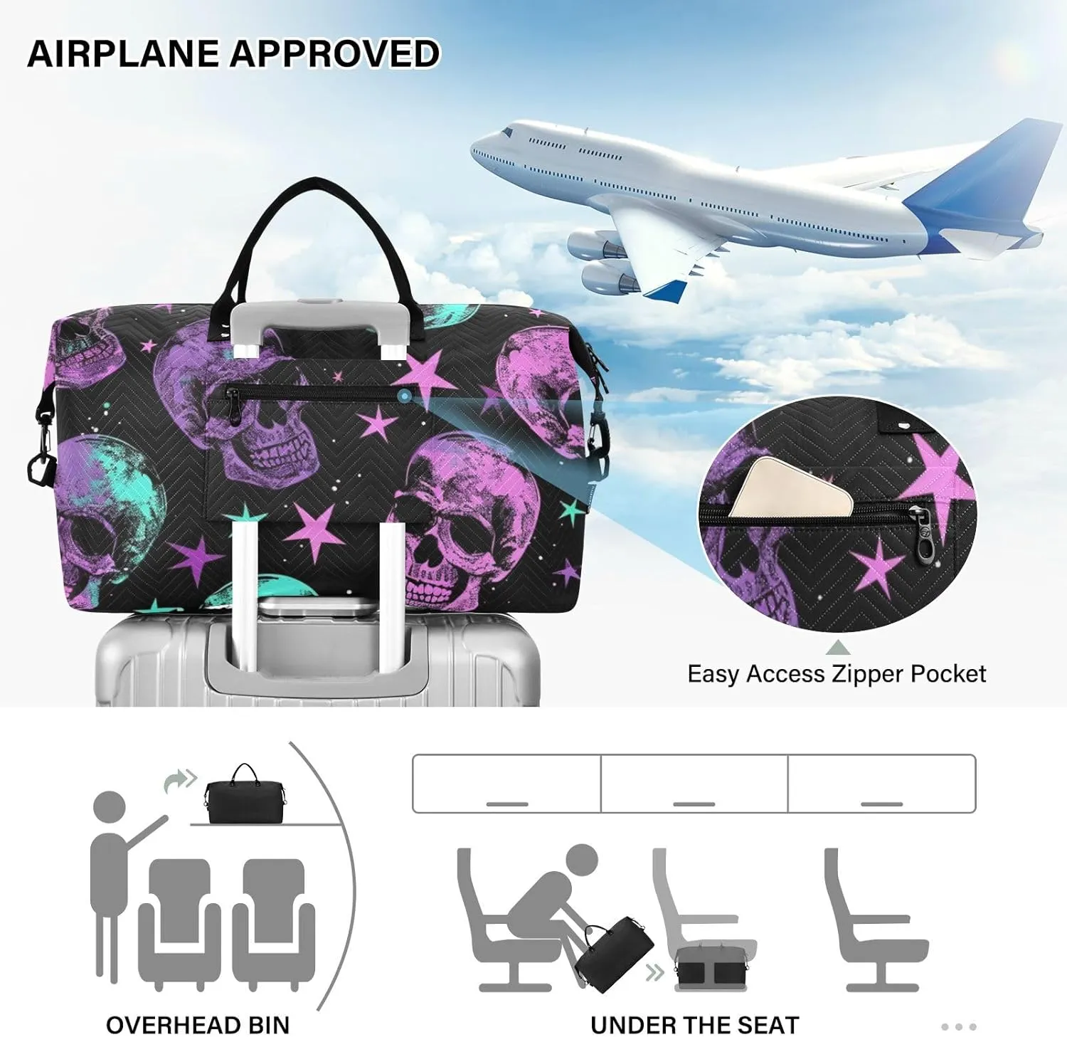 Skull Travel Duffle Bag Gym Bag, Neon Purple Gothic Skull Weekender Bags for Women with Toiletry Bag Travel Tote Bag Swim Bag