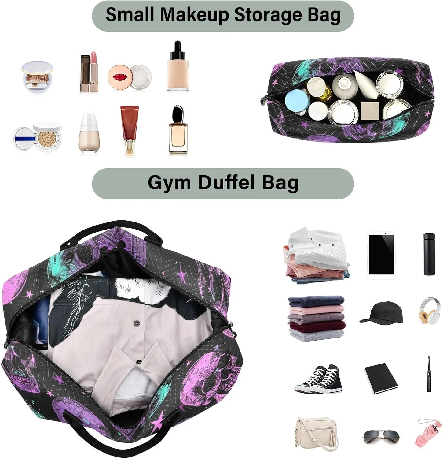 Skull Travel Duffle Bag Gym Bag, Neon Purple Gothic Skull Weekender Bags for Women with Toiletry Bag Travel Tote Bag Swim Bag