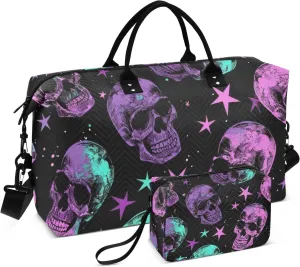 Skull Travel Duffle Bag Gym Bag, Neon Purple Gothic Skull Weekender Bags for Women with Toiletry Bag Travel Tote Bag Swim Bag