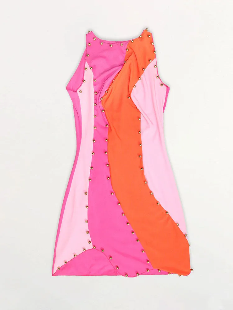 Sleeveless Color Block Beads Mini Dress