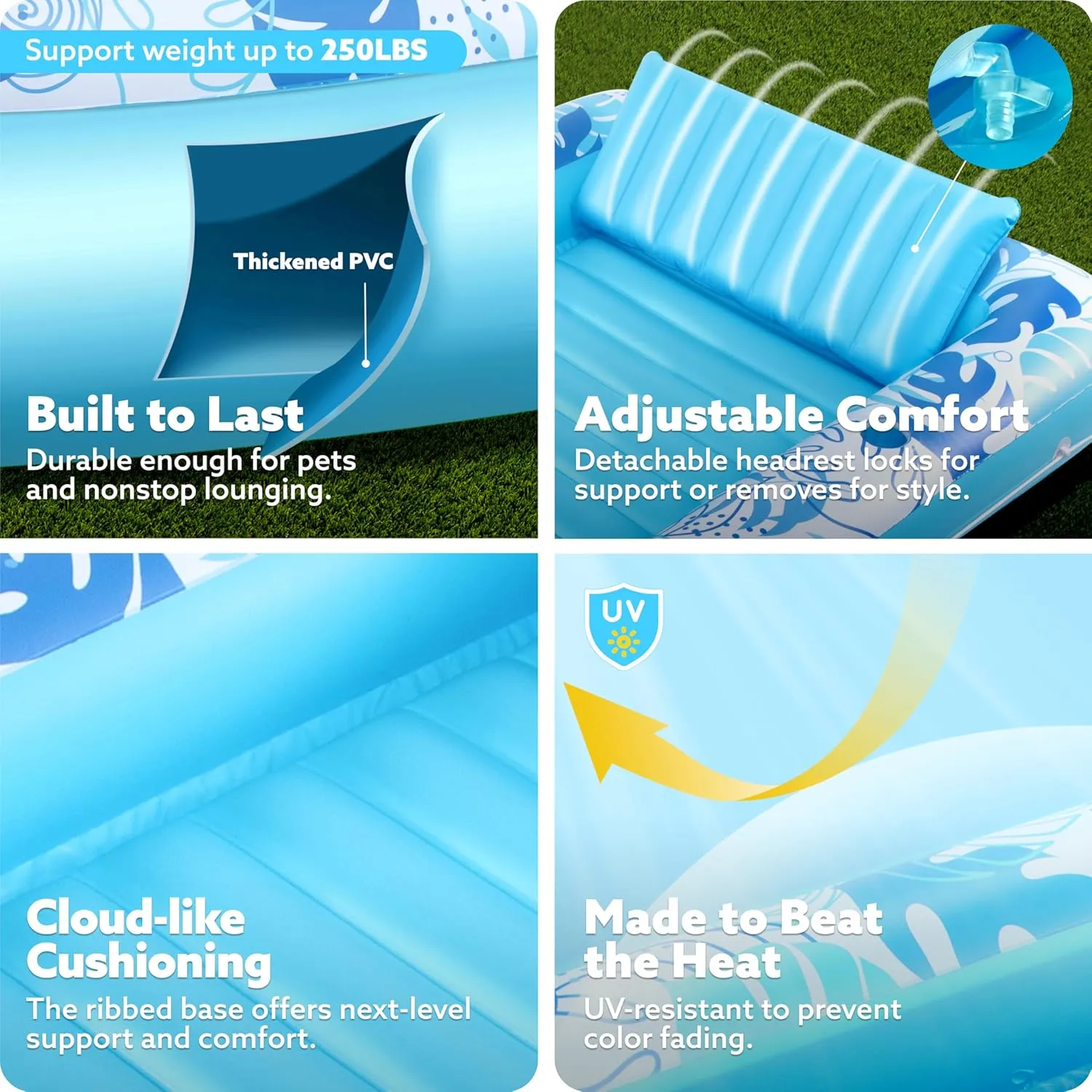 SLOOSH Inflatable Tanning Pool Lounger Float, 70" x 46" Pool Floats Adult with Pillow, 4 in 1 Suntan Tub Raft Floatie,Sunbathing Bed Lounge for Water Blow Up Kids Ball Pit Party Gifts, L-Blue