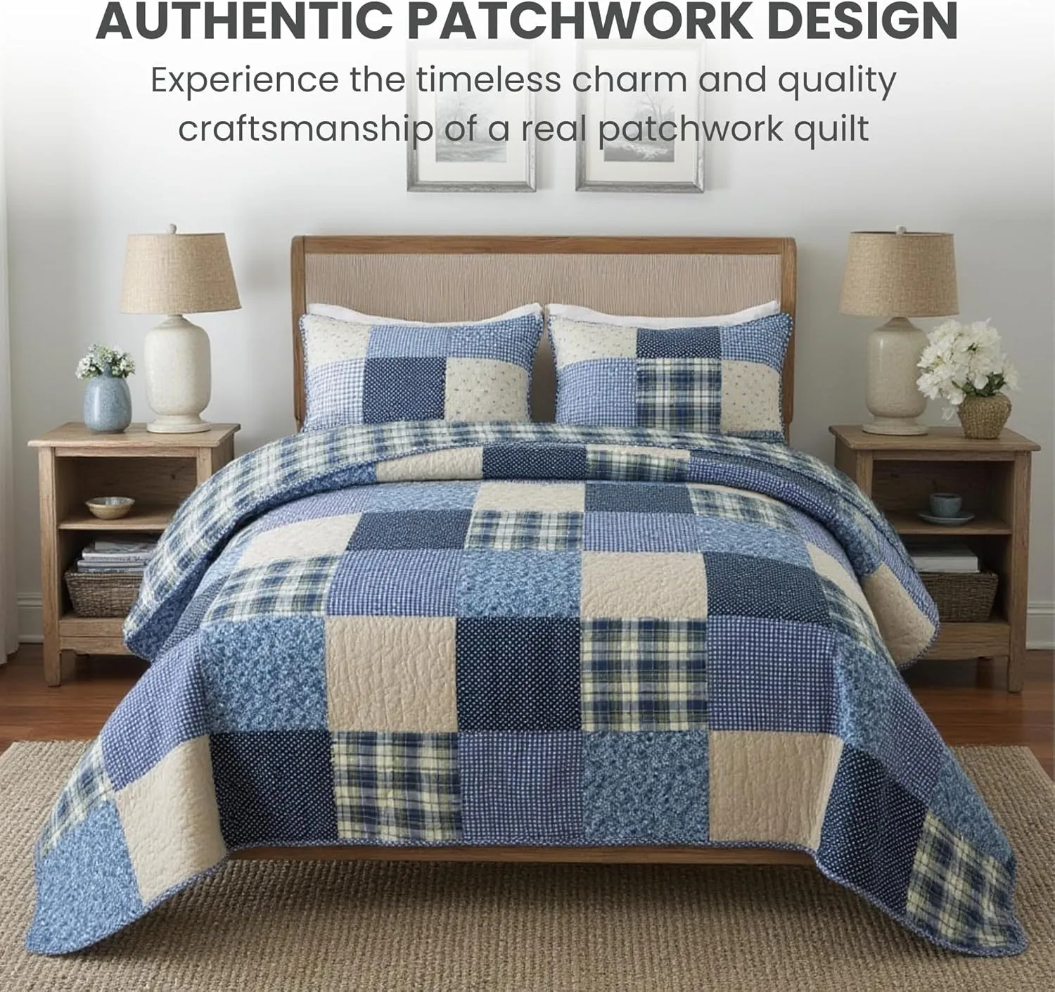 SLPR Blue Symphony Cotton Pieced Quilt Set - Queen with 2 Shams, Farmhouse Patchwork Quilted Bedspread with Check and Plaid Pattern, Lightweight and Cozy Country Checkered Bedding