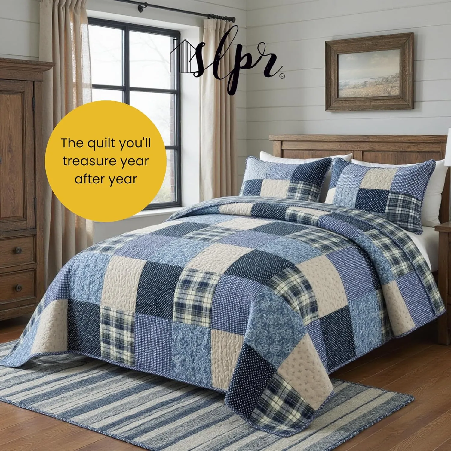 SLPR Blue Symphony Cotton Pieced Quilt Set - Queen with 2 Shams, Farmhouse Patchwork Quilted Bedspread with Check and Plaid Pattern, Lightweight and Cozy Country Checkered Bedding