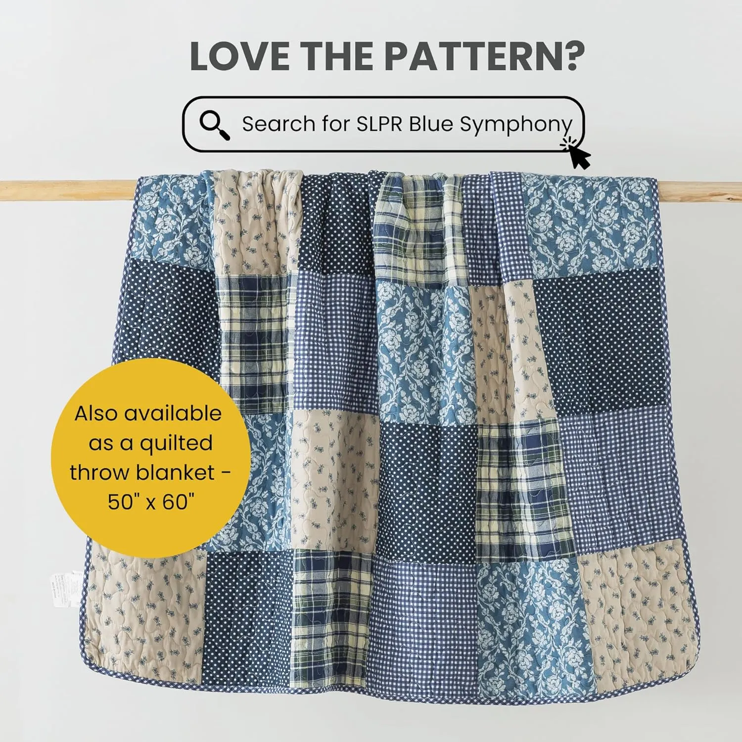 SLPR Blue Symphony Cotton Pieced Quilt Set - Queen with 2 Shams, Farmhouse Patchwork Quilted Bedspread with Check and Plaid Pattern, Lightweight and Cozy Country Checkered Bedding