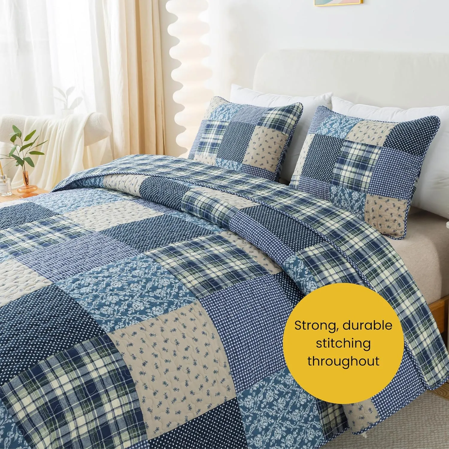SLPR Blue Symphony Cotton Pieced Quilt Set - Queen with 2 Shams, Farmhouse Patchwork Quilted Bedspread with Check and Plaid Pattern, Lightweight and Cozy Country Checkered Bedding