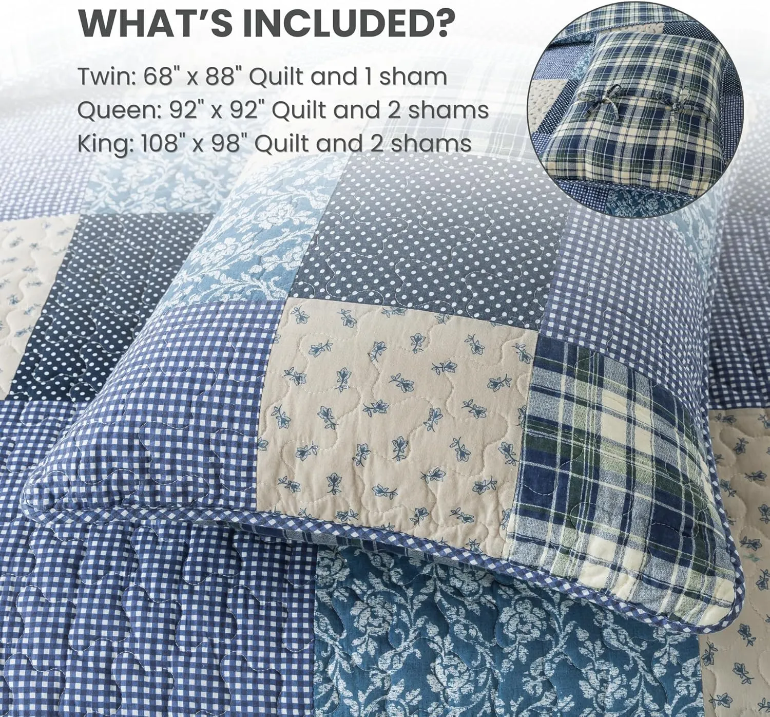 SLPR Blue Symphony Cotton Pieced Quilt Set - Queen with 2 Shams, Farmhouse Patchwork Quilted Bedspread with Check and Plaid Pattern, Lightweight and Cozy Country Checkered Bedding