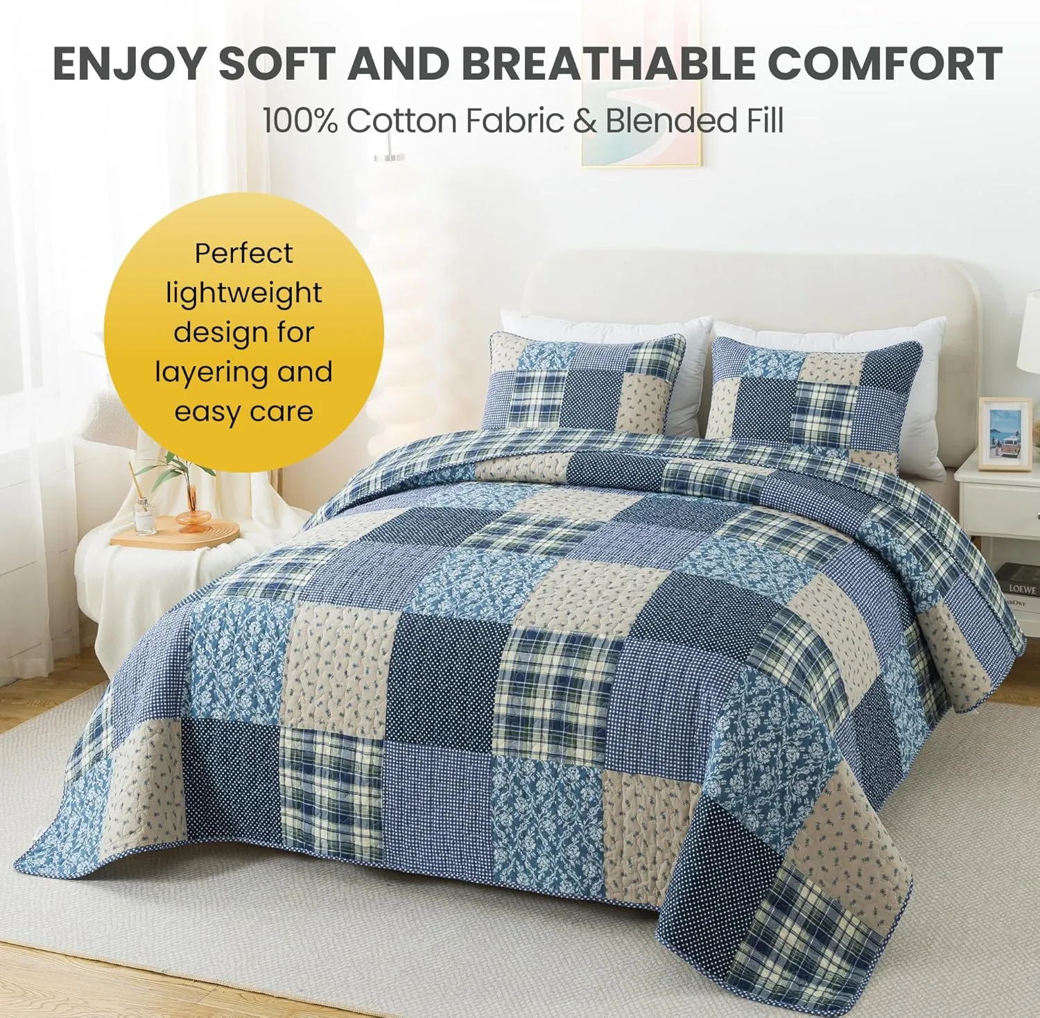 SLPR Blue Symphony Cotton Pieced Quilt Set - Queen with 2 Shams, Farmhouse Patchwork Quilted Bedspread with Check and Plaid Pattern, Lightweight and Cozy Country Checkered Bedding