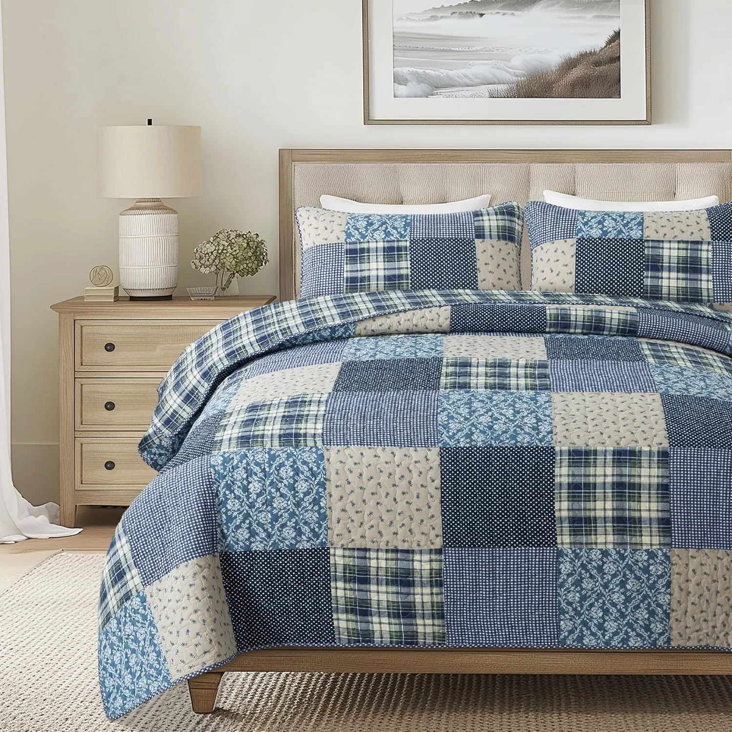 SLPR Blue Symphony Cotton Pieced Quilt Set - Queen with 2 Shams, Farmhouse Patchwork Quilted Bedspread with Check and Plaid Pattern, Lightweight and Cozy Country Checkered Bedding