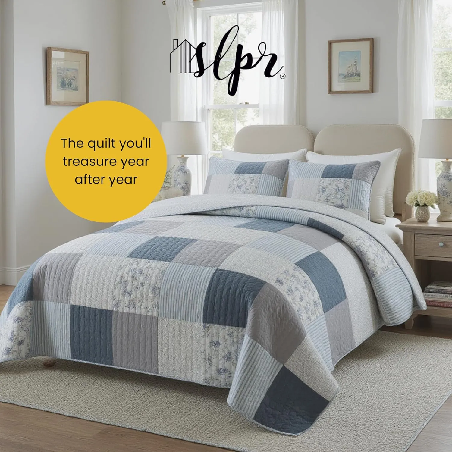 SLPR Coastal Dream Cotton Pieced Quilt Set - Queen Size with 2 Shams, Soft Purple & Blue Patchwork Quilted Bedspread, Farmhouse Country Style Bedding for All Seasons