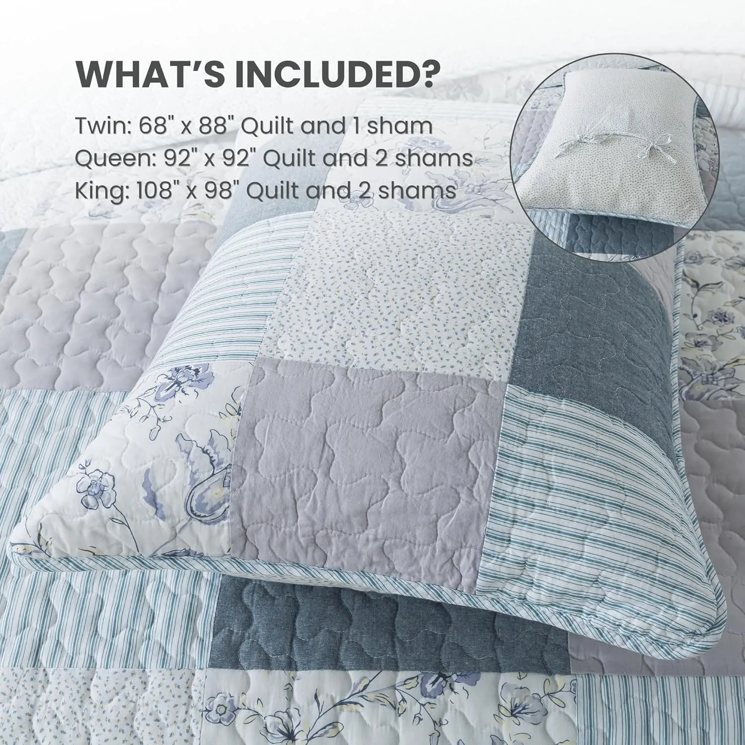 SLPR Coastal Dream Cotton Pieced Quilt Set - Queen Size with 2 Shams, Soft Purple & Blue Patchwork Quilted Bedspread, Farmhouse Country Style Bedding for All Seasons