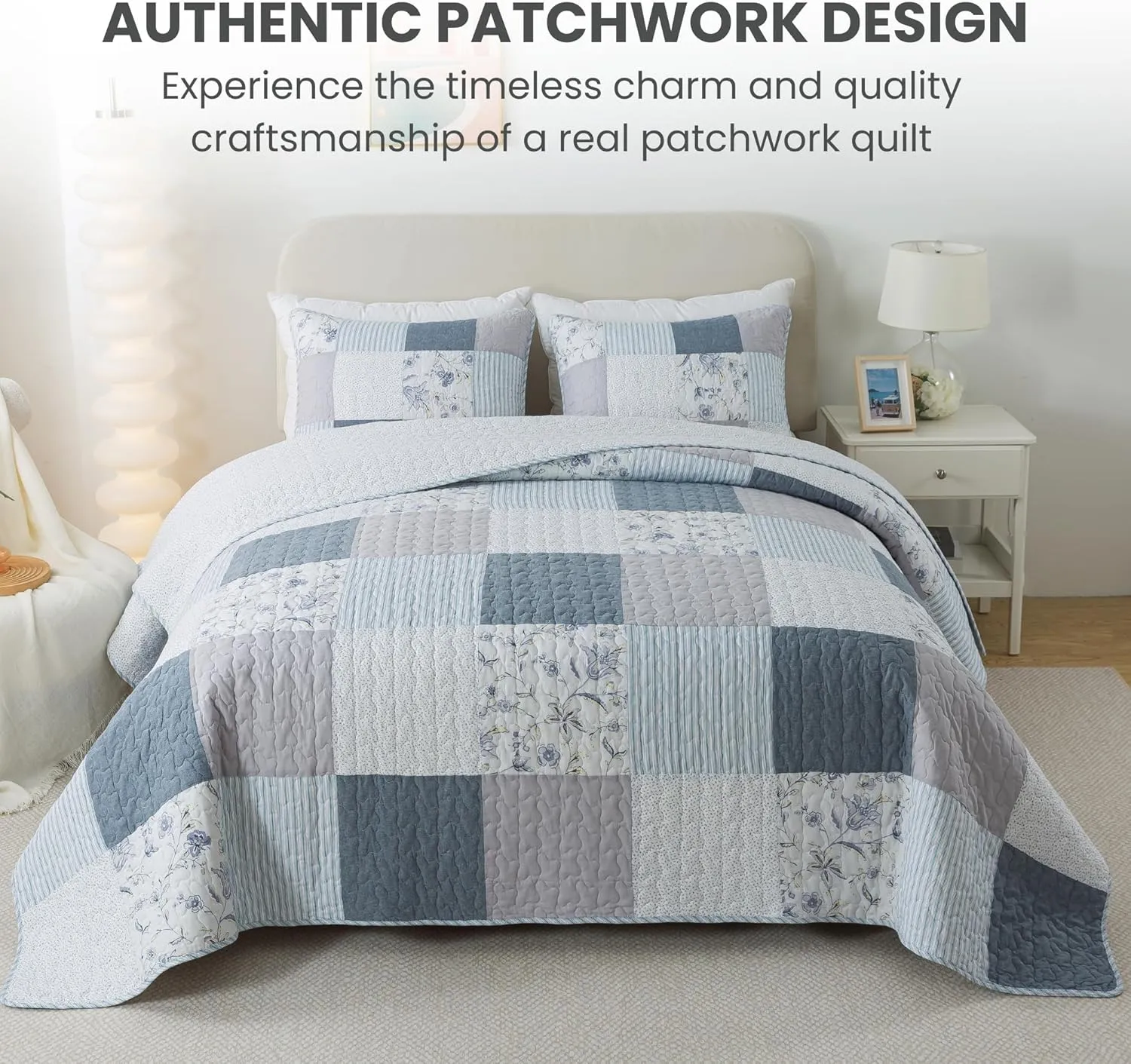 SLPR Coastal Dream Cotton Pieced Quilt Set - Queen Size with 2 Shams, Soft Purple & Blue Patchwork Quilted Bedspread, Farmhouse Country Style Bedding for All Seasons