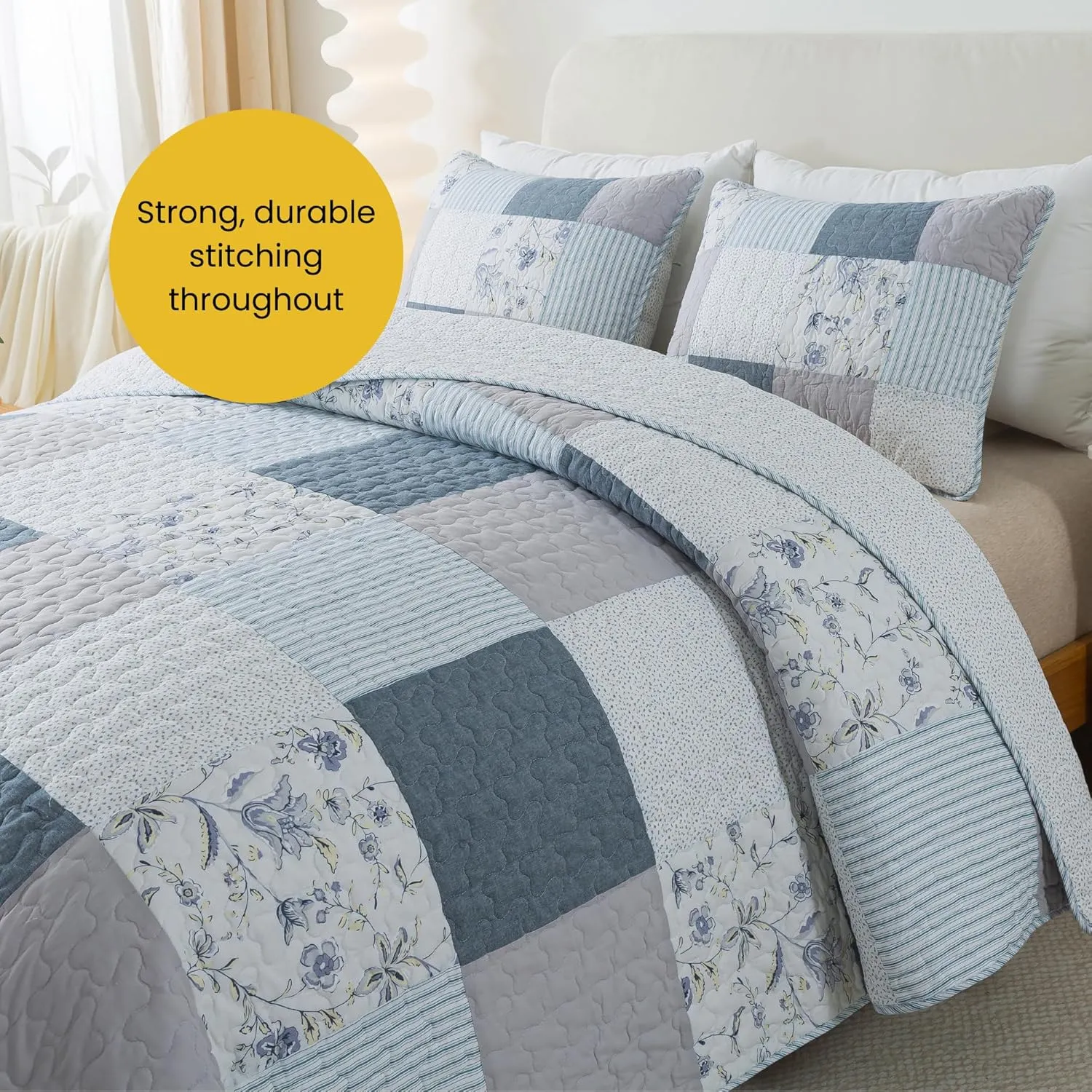 SLPR Coastal Dream Cotton Pieced Quilt Set - Queen Size with 2 Shams, Soft Purple & Blue Patchwork Quilted Bedspread, Farmhouse Country Style Bedding for All Seasons