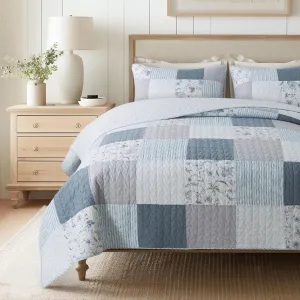 SLPR Coastal Dream Cotton Pieced Quilt Set - Queen Size with 2 Shams, Soft Purple & Blue Patchwork Quilted Bedspread, Farmhouse Country Style Bedding for All Seasons