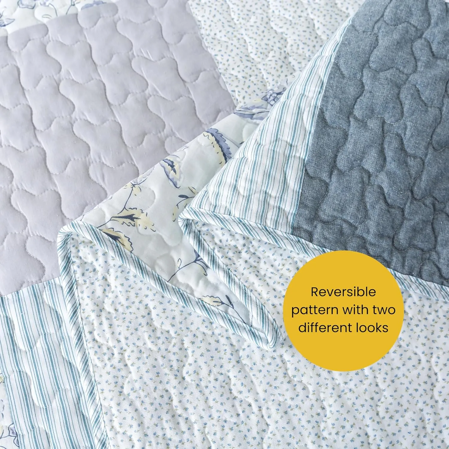 SLPR Coastal Dream Cotton Pieced Quilt Set - Queen Size with 2 Shams, Soft Purple & Blue Patchwork Quilted Bedspread, Farmhouse Country Style Bedding for All Seasons