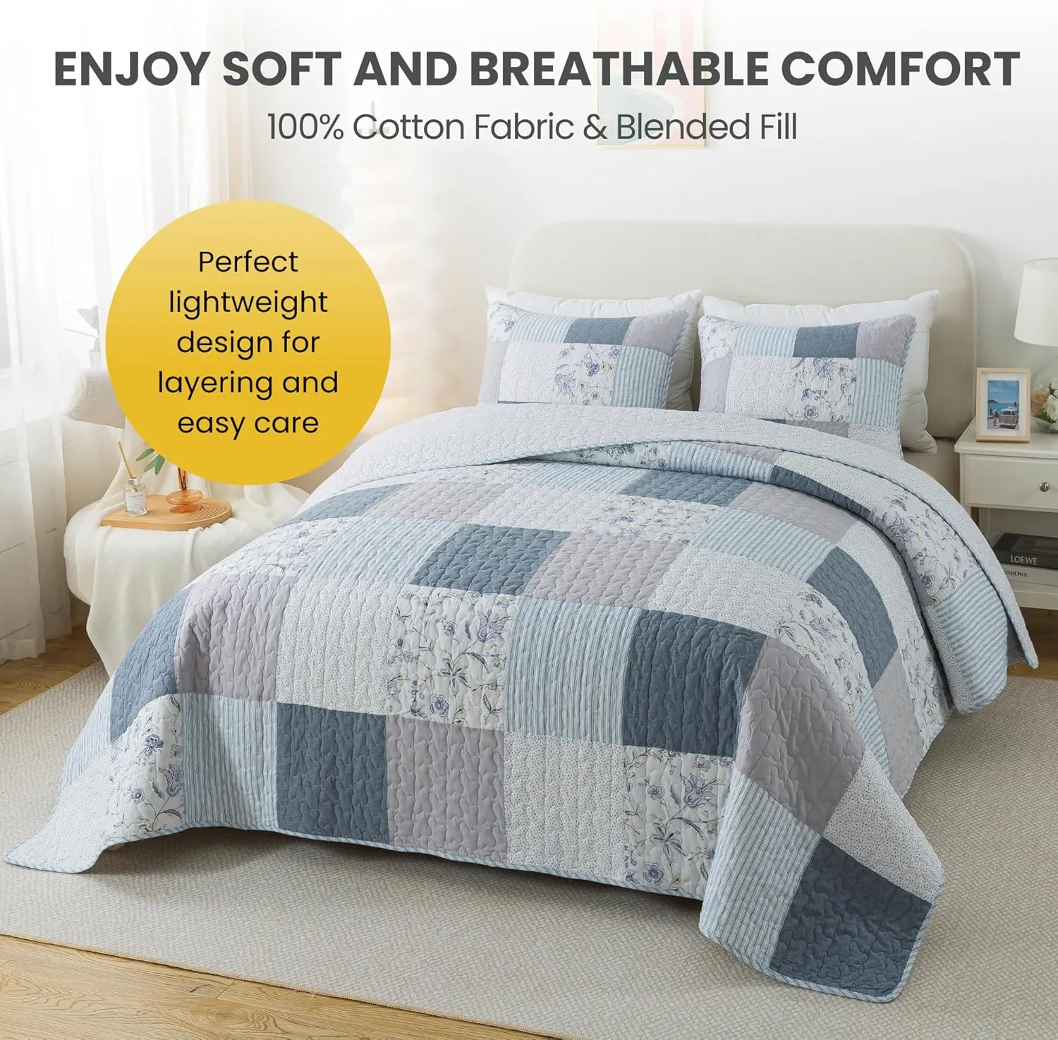 SLPR Coastal Dream Cotton Pieced Quilt Set - Queen Size with 2 Shams, Soft Purple & Blue Patchwork Quilted Bedspread, Farmhouse Country Style Bedding for All Seasons