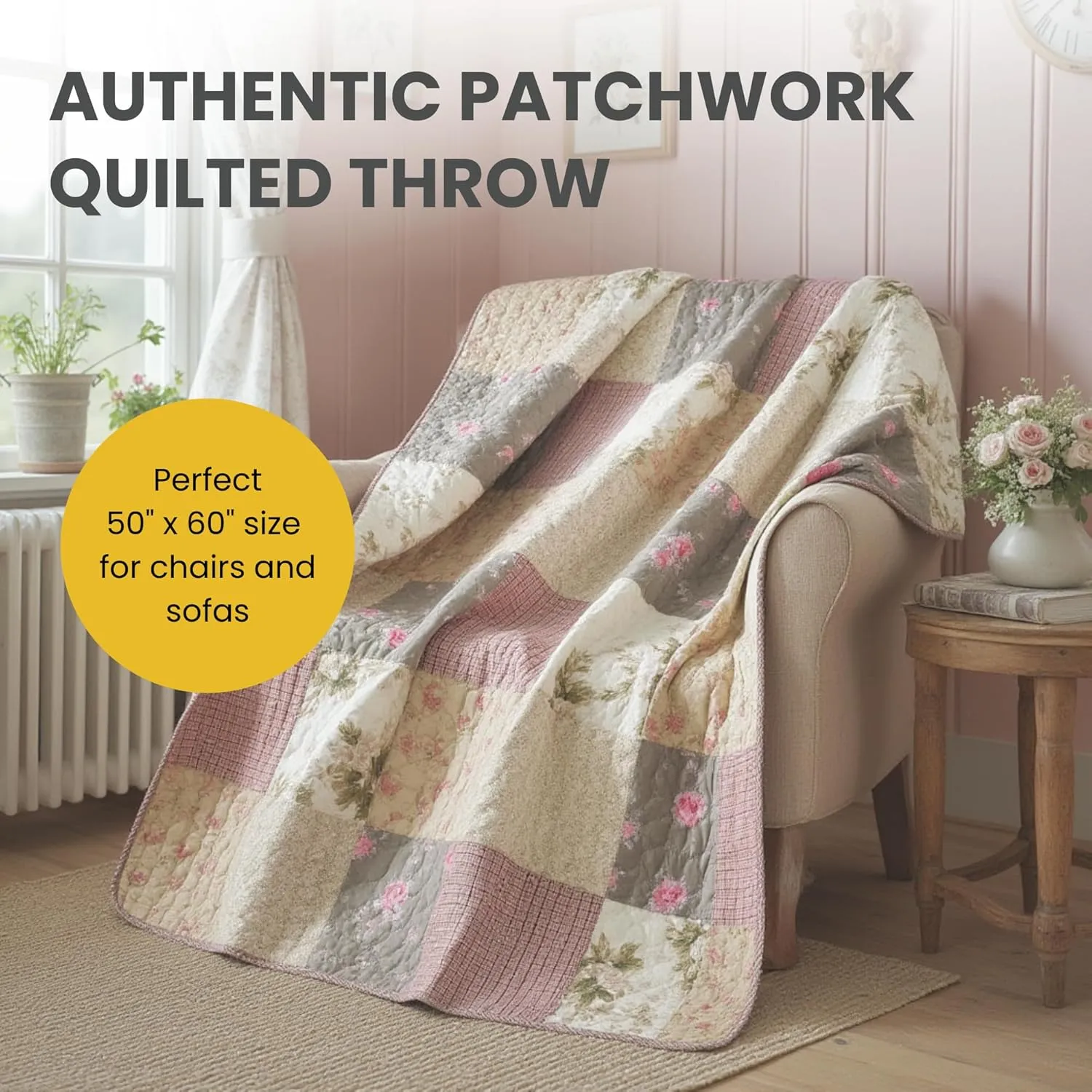 SLPR Cotton Quilted Throw Blanket, 50" x 60" Floral Farmhouse Patchwork Quilt, Shabby Chic Patchwork Throw Lap Quilt for Couch, Secret Garden