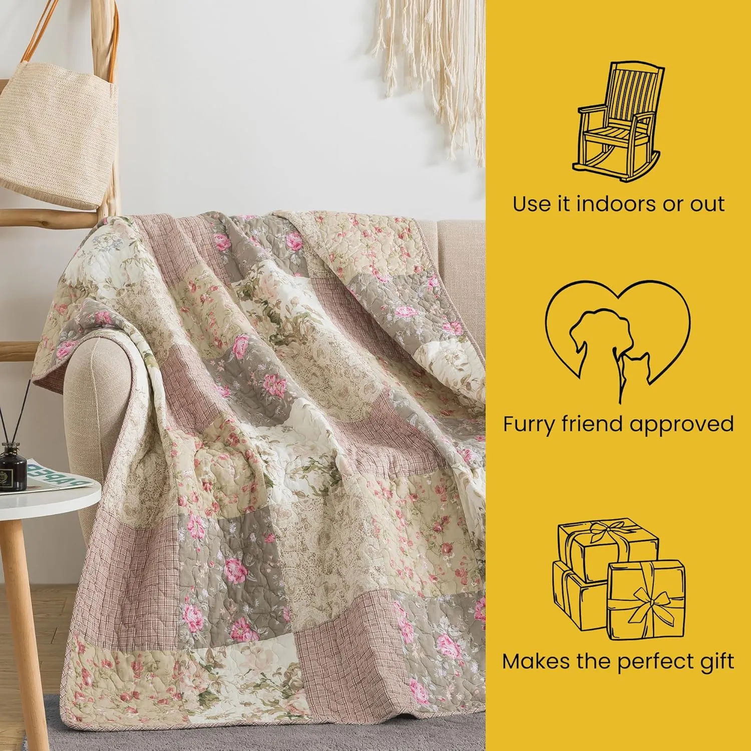 SLPR Cotton Quilted Throw Blanket, 50" x 60" Floral Farmhouse Patchwork Quilt, Shabby Chic Patchwork Throw Lap Quilt for Couch, Secret Garden