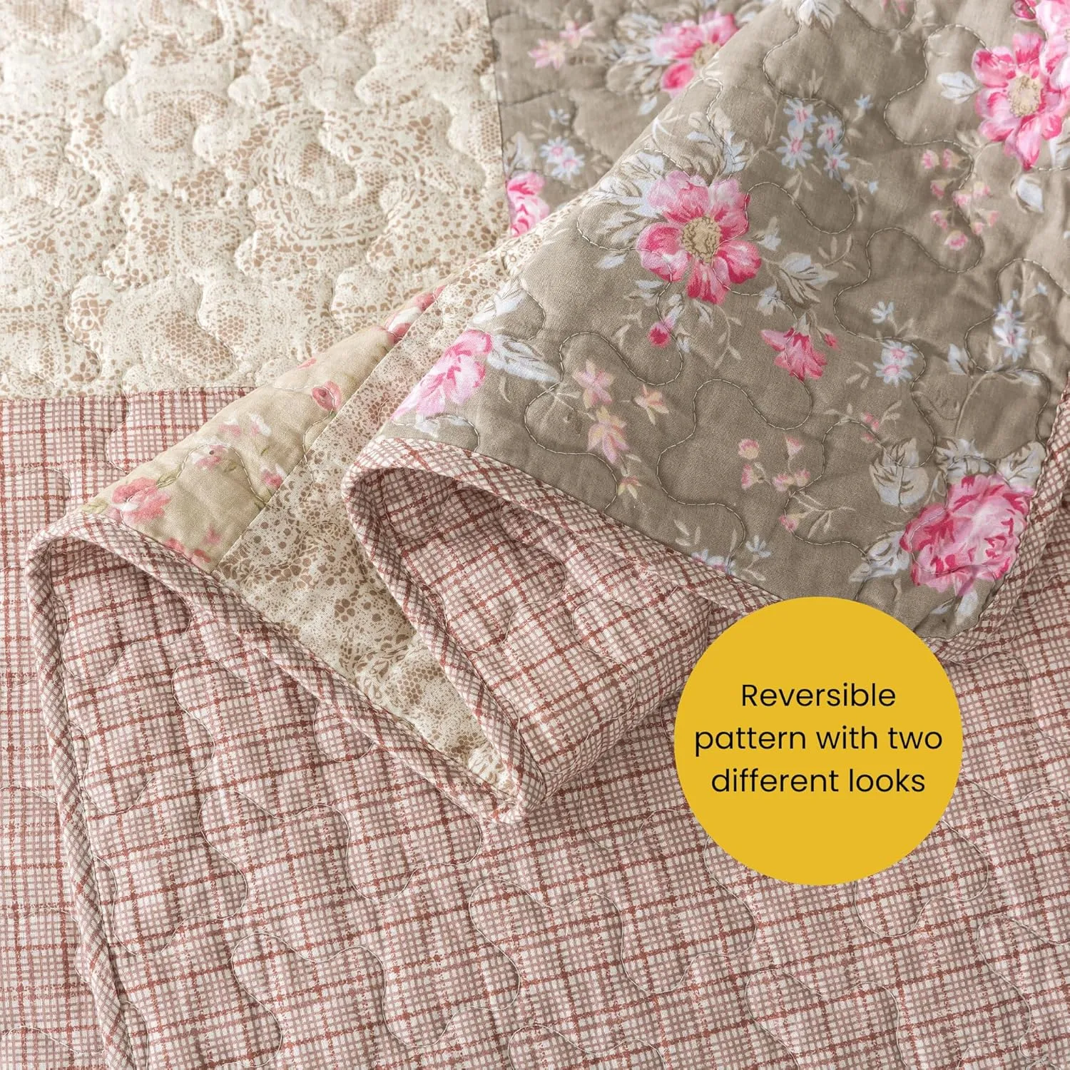 SLPR Secret Garden Patchwork Cotton Pieced Quilt Set - Queen with 2 Shams, Country Shabby Chic Bedding with Flower Pattern, Pink Floral Farmhouse Quilted Bedspread for All Seasons