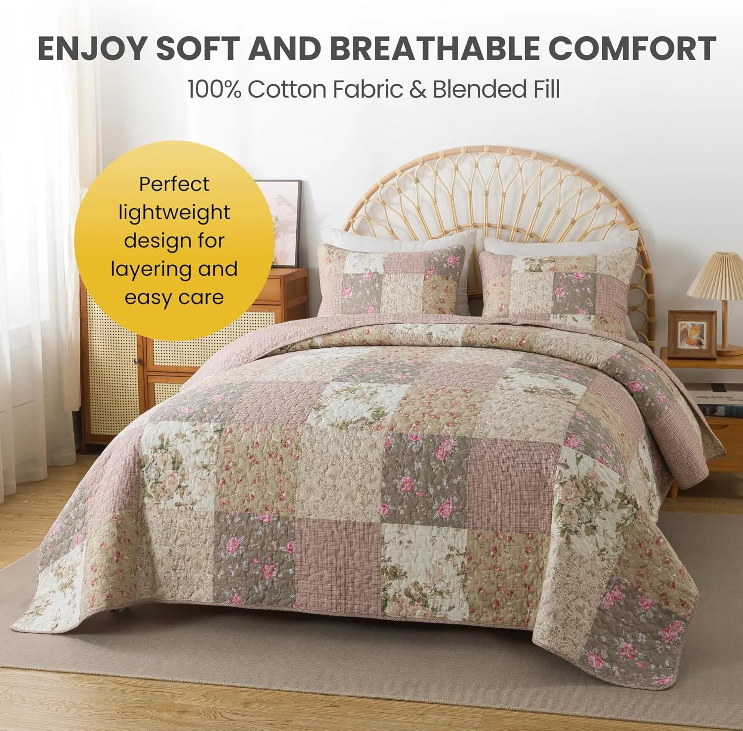 SLPR Secret Garden Patchwork Cotton Pieced Quilt Set - Queen with 2 Shams, Country Shabby Chic Bedding with Flower Pattern, Pink Floral Farmhouse Quilted Bedspread for All Seasons