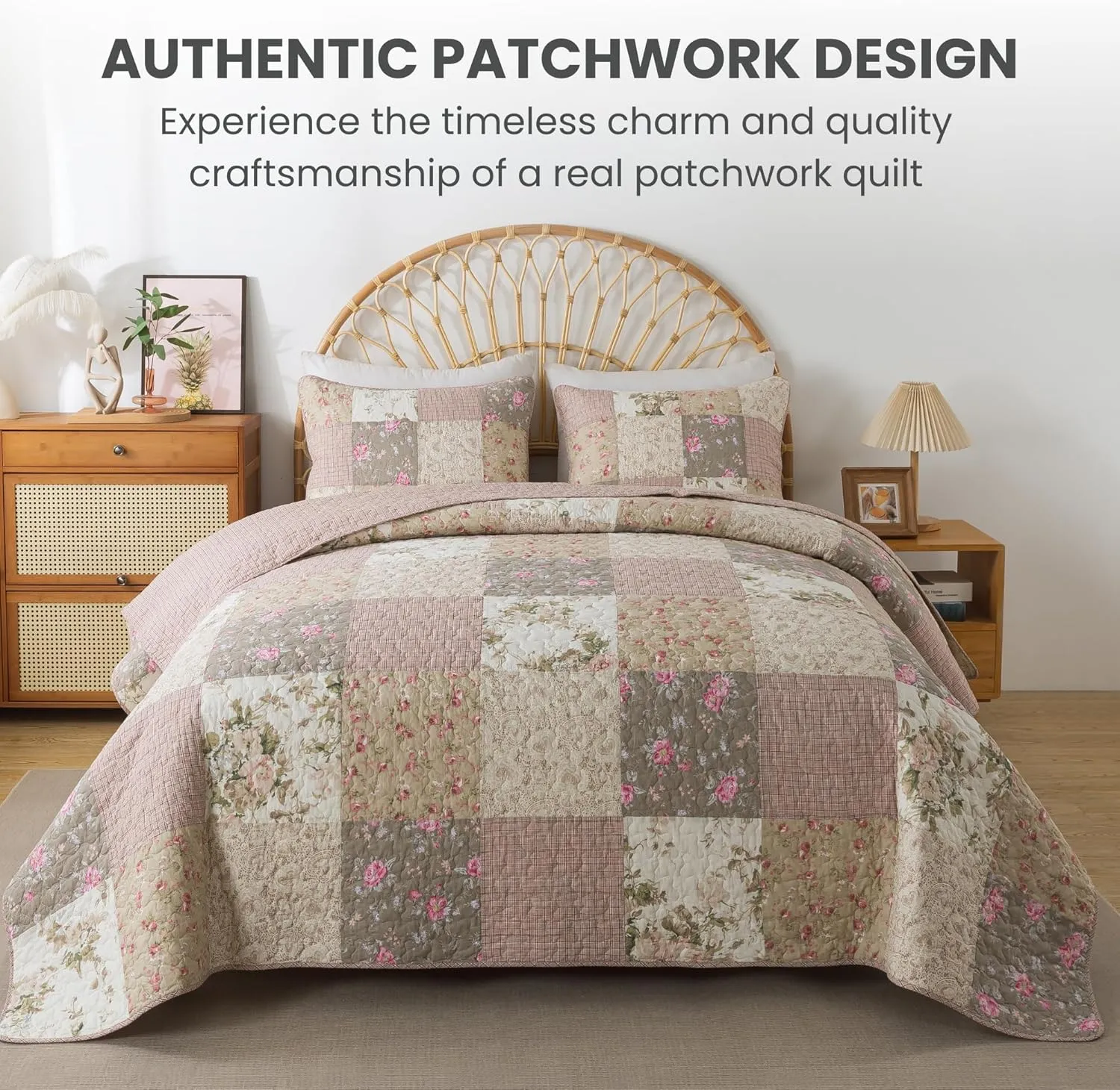 SLPR Secret Garden Patchwork Cotton Pieced Quilt Set - Queen with 2 Shams, Country Shabby Chic Bedding with Flower Pattern, Pink Floral Farmhouse Quilted Bedspread for All Seasons