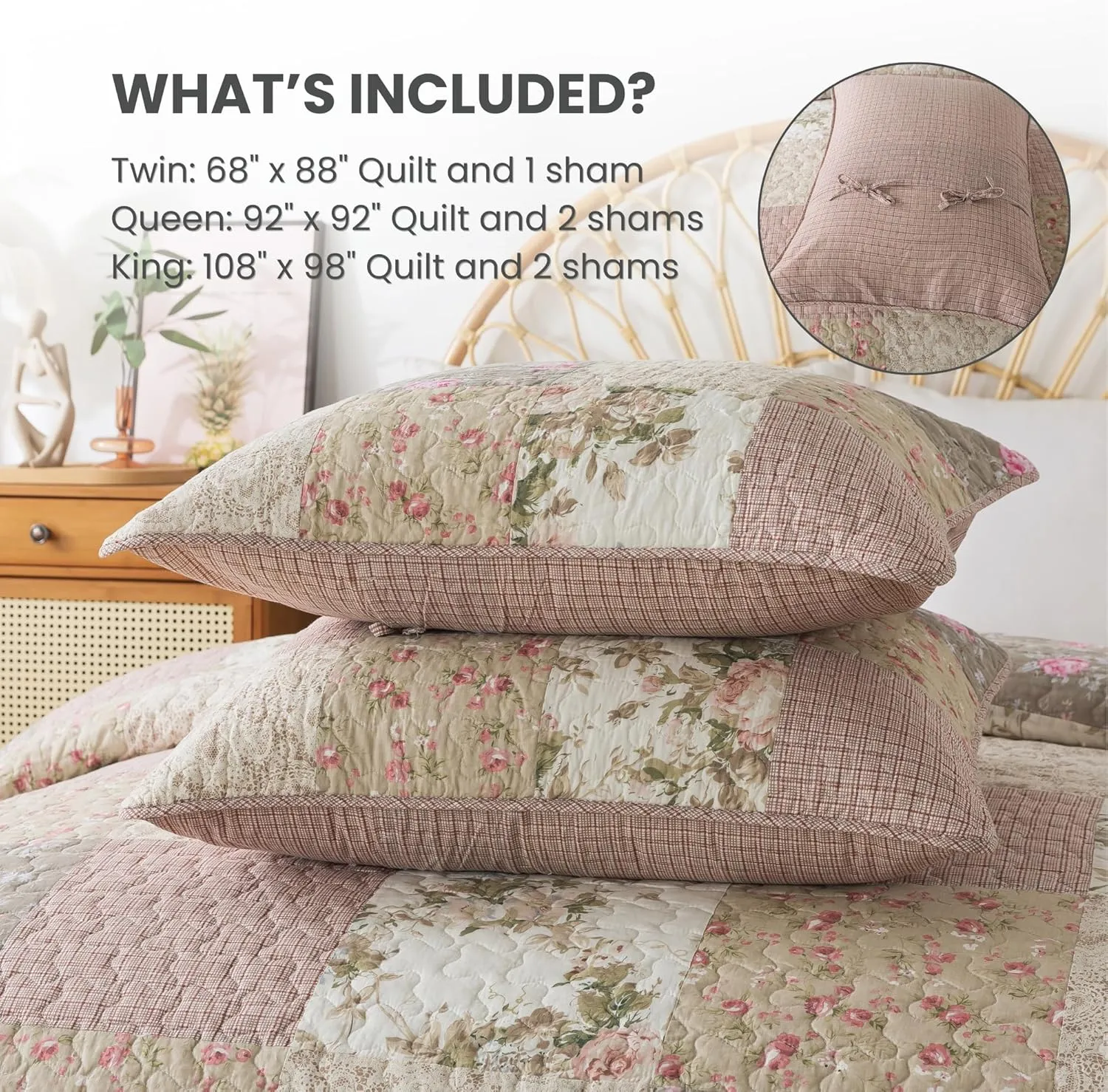 SLPR Secret Garden Patchwork Cotton Pieced Quilt Set - Queen with 2 Shams, Country Shabby Chic Bedding with Flower Pattern, Pink Floral Farmhouse Quilted Bedspread for All Seasons