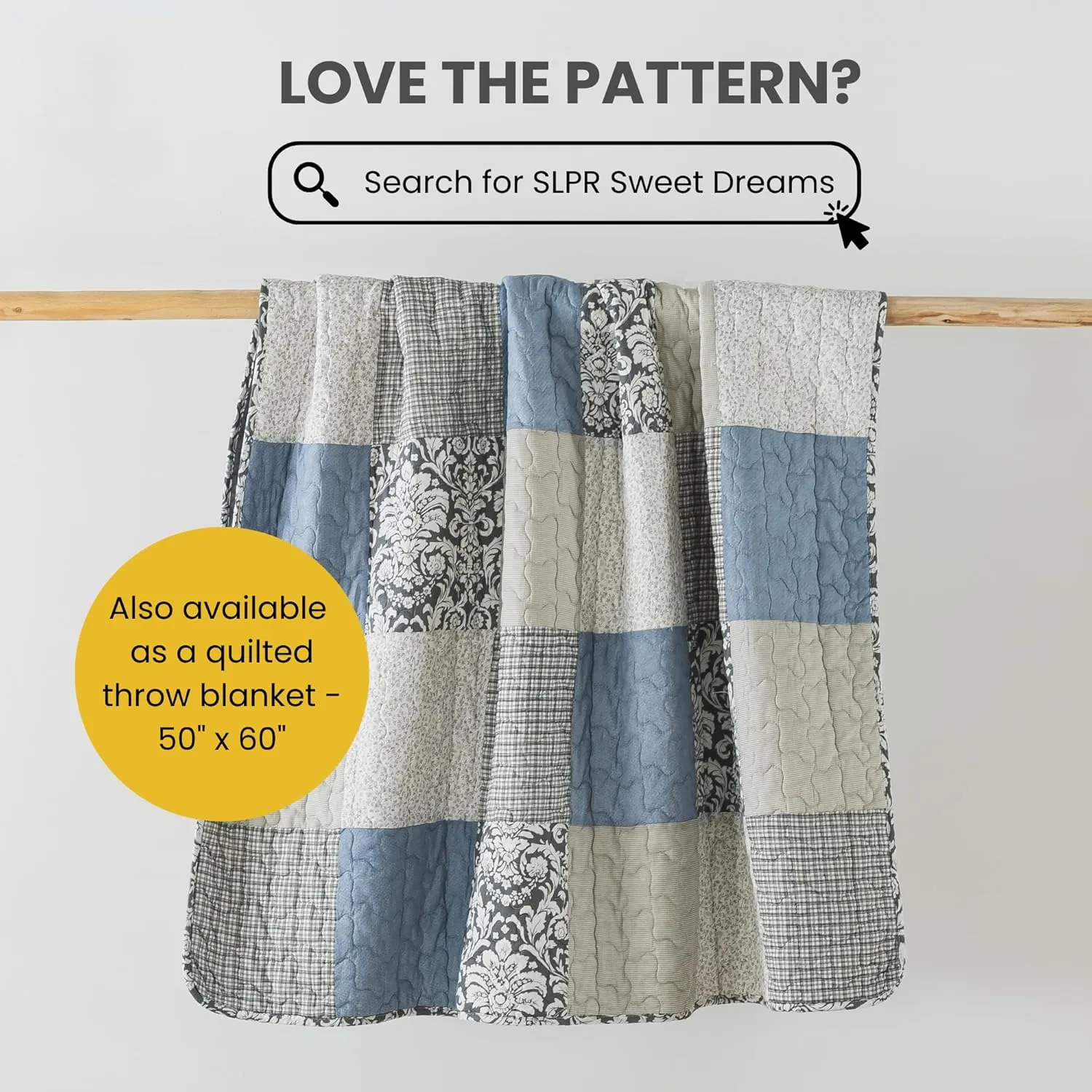 SLPR Sweet Dreams Cotton Quilt Set - Twin Size with 1 Sham, Pieced Patchwork Bedding in Blue and Gray, Country Style Farmhouse Quilted Bedspread