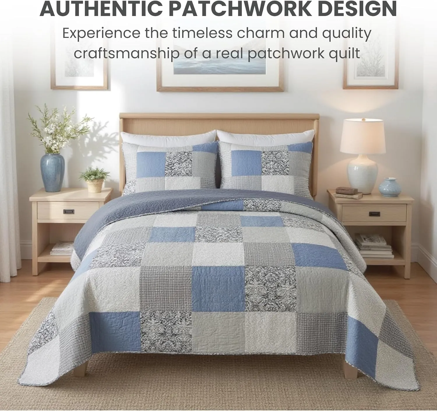 SLPR Sweet Dreams Cotton Quilt Set - Twin Size with 1 Sham, Pieced Patchwork Bedding in Blue and Gray, Country Style Farmhouse Quilted Bedspread