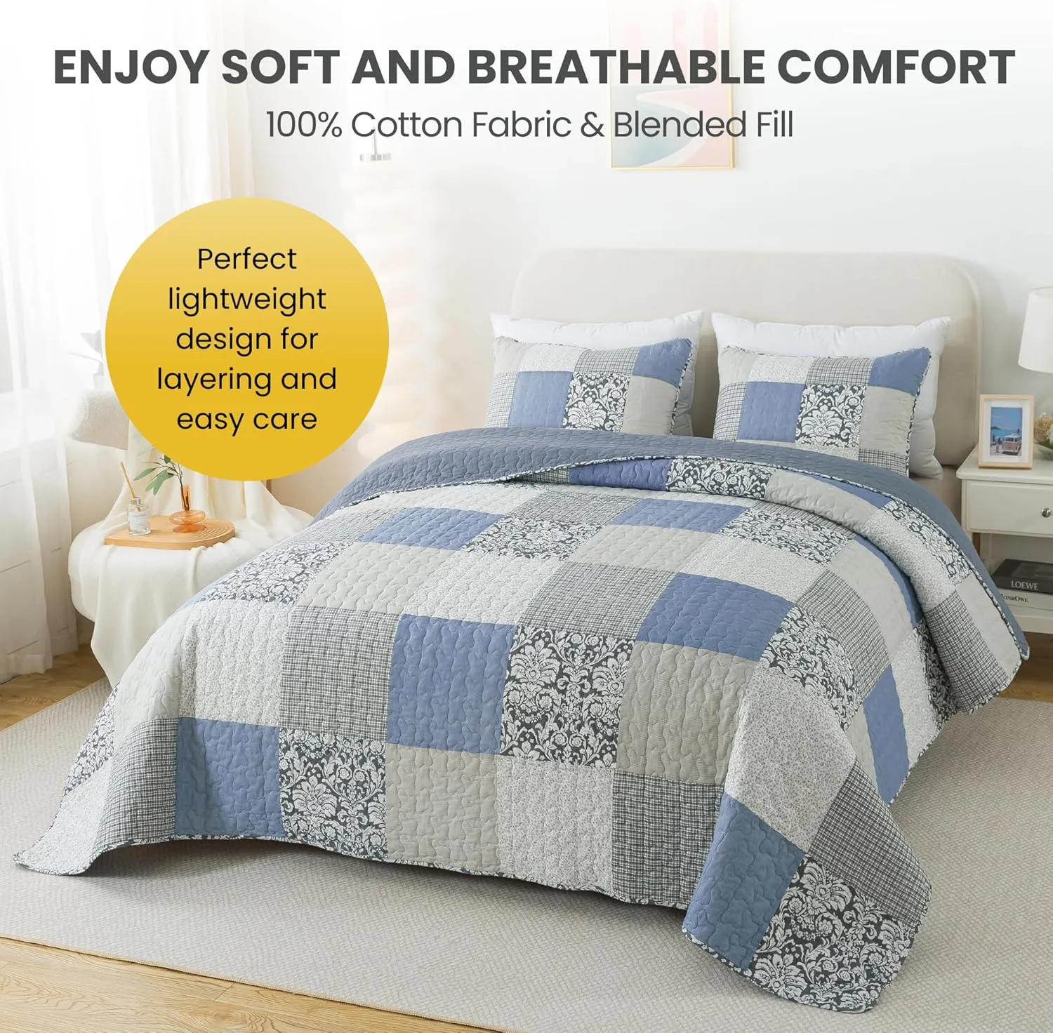 SLPR Sweet Dreams Cotton Quilt Set - Twin Size with 1 Sham, Pieced Patchwork Bedding in Blue and Gray, Country Style Farmhouse Quilted Bedspread