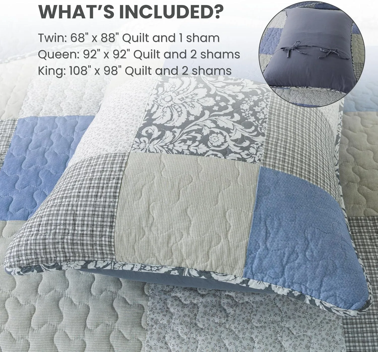 SLPR Sweet Dreams Cotton Quilt Set - Twin Size with 1 Sham, Pieced Patchwork Bedding in Blue and Gray, Country Style Farmhouse Quilted Bedspread