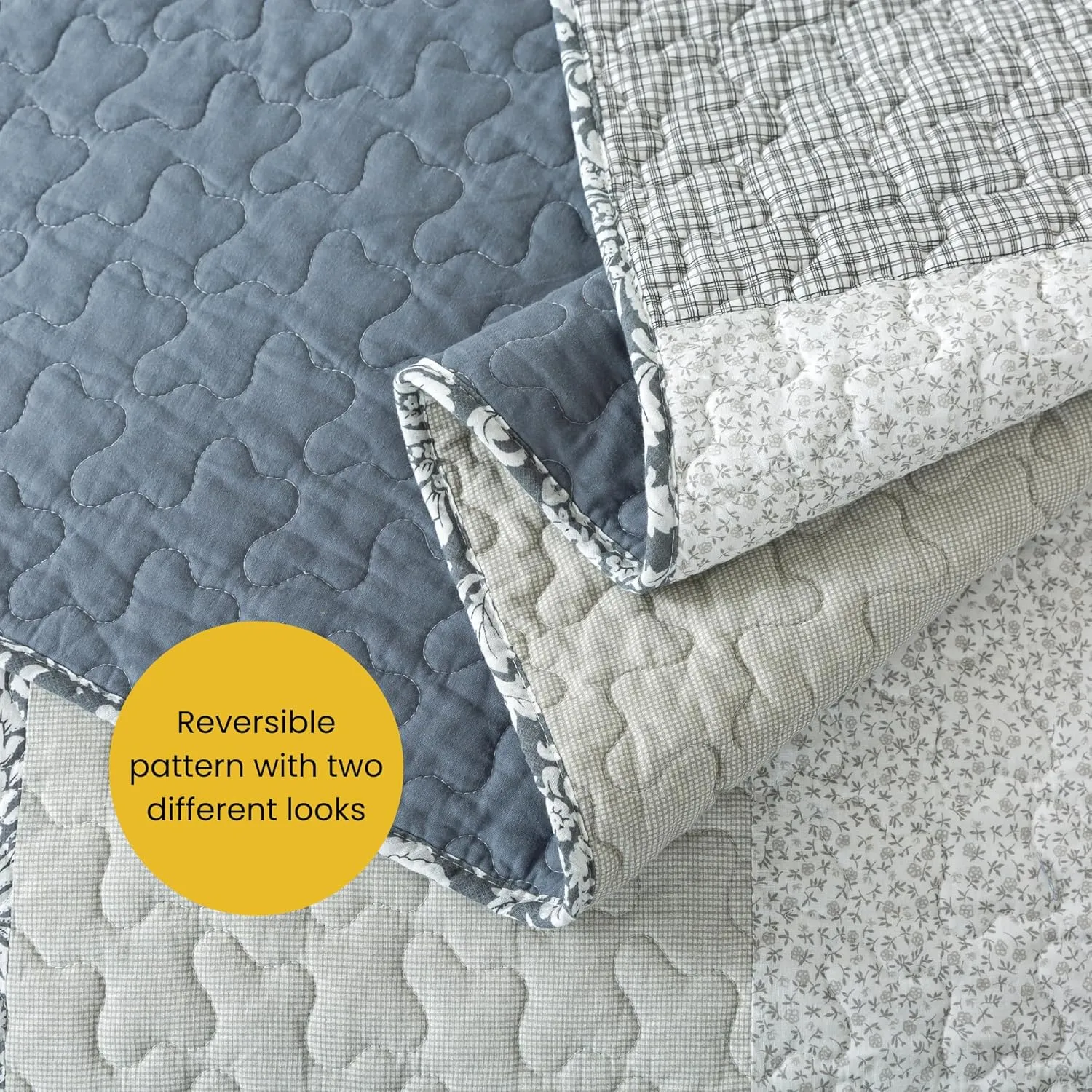 SLPR Sweet Dreams Cotton Quilt Set - Twin Size with 1 Sham, Pieced Patchwork Bedding in Blue and Gray, Country Style Farmhouse Quilted Bedspread