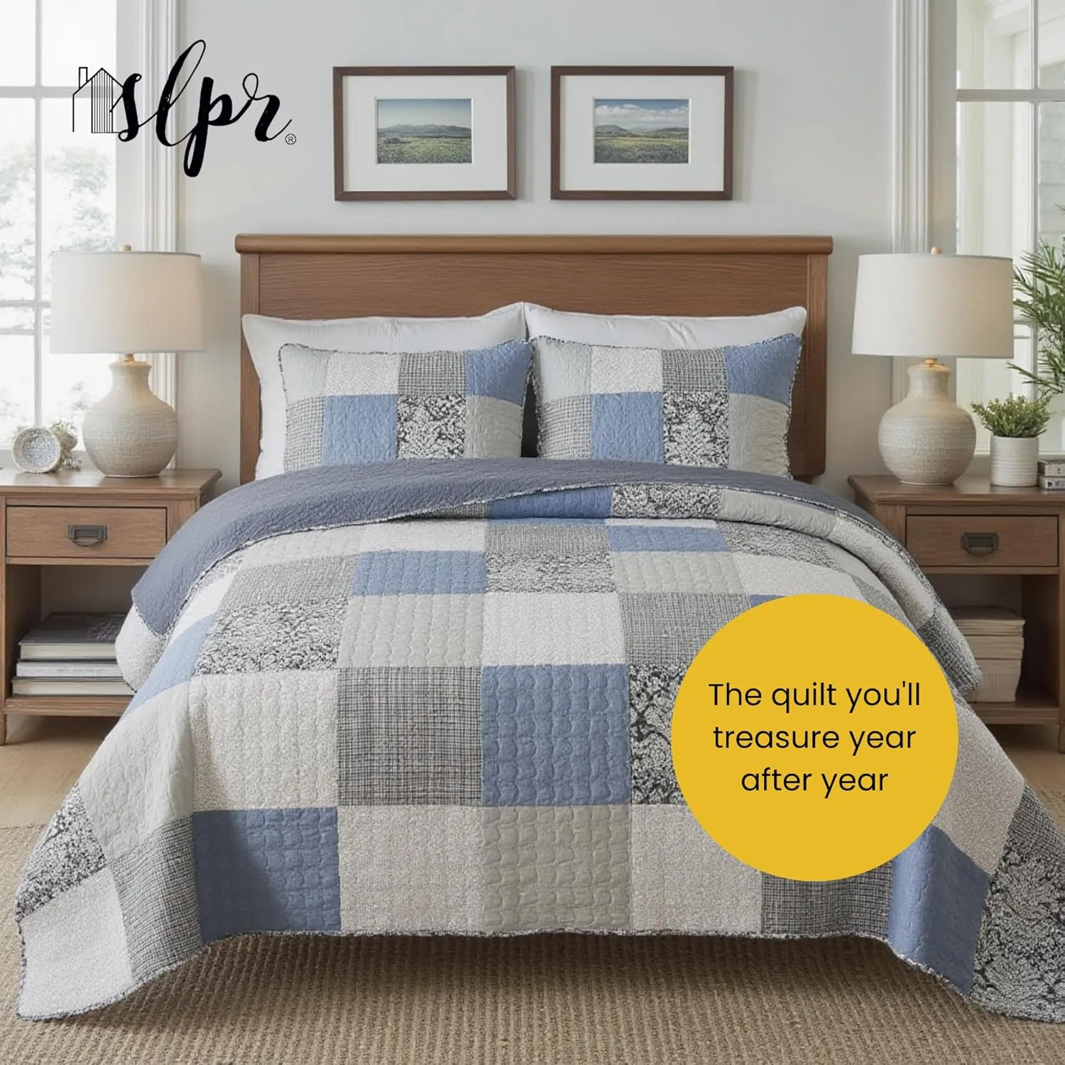 SLPR Sweet Dreams Cotton Quilt Set - Twin Size with 1 Sham, Pieced Patchwork Bedding in Blue and Gray, Country Style Farmhouse Quilted Bedspread