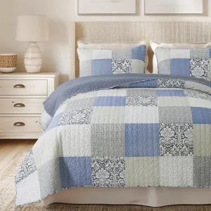 SLPR Sweet Dreams Cotton Quilt Set - Twin Size with 1 Sham, Pieced Patchwork Bedding in Blue and Gray, Country Style Farmhouse Quilted Bedspread