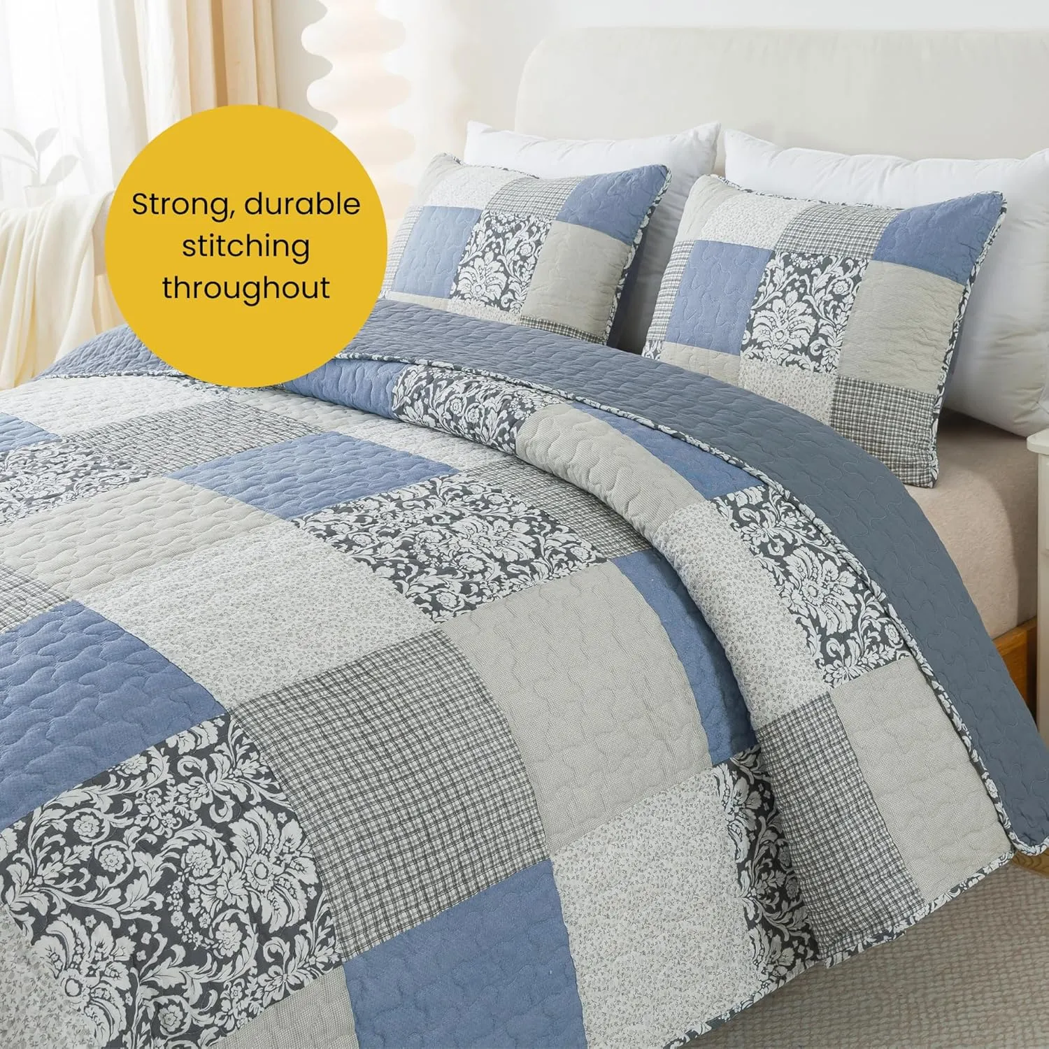 SLPR Sweet Dreams Cotton Quilt Set - Twin Size with 1 Sham, Pieced Patchwork Bedding in Blue and Gray, Country Style Farmhouse Quilted Bedspread
