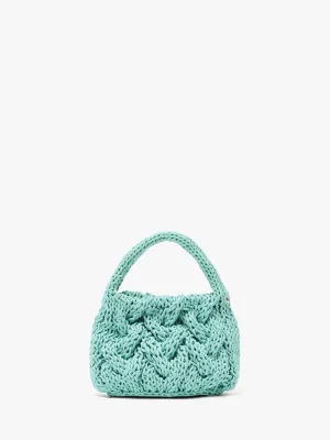 SMALL CABLE KNIT BAG - LEATHER DRAWCORD TOP HANDLE BAG