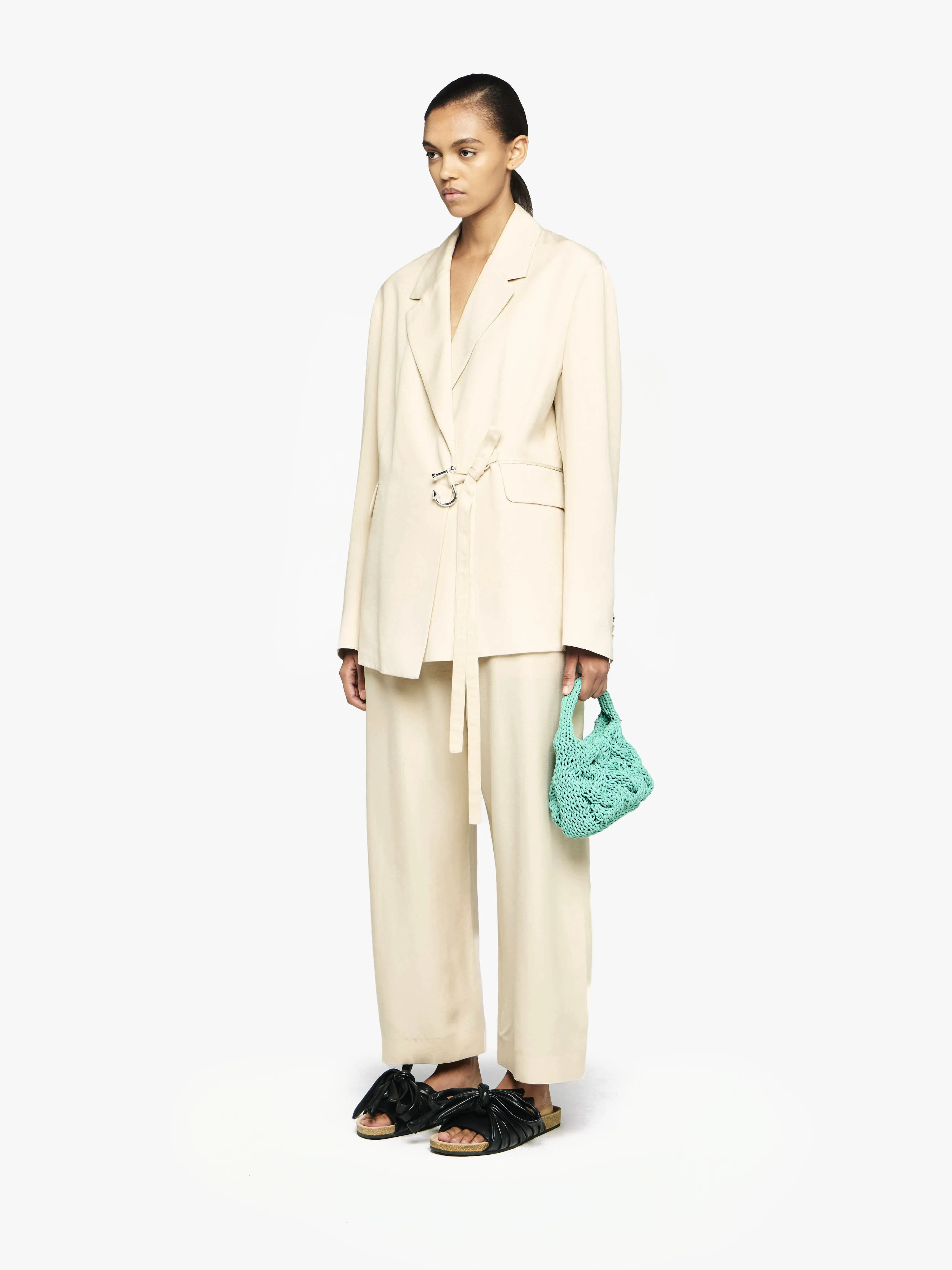 SMALL CABLE KNIT BAG - LEATHER DRAWCORD TOP HANDLE BAG