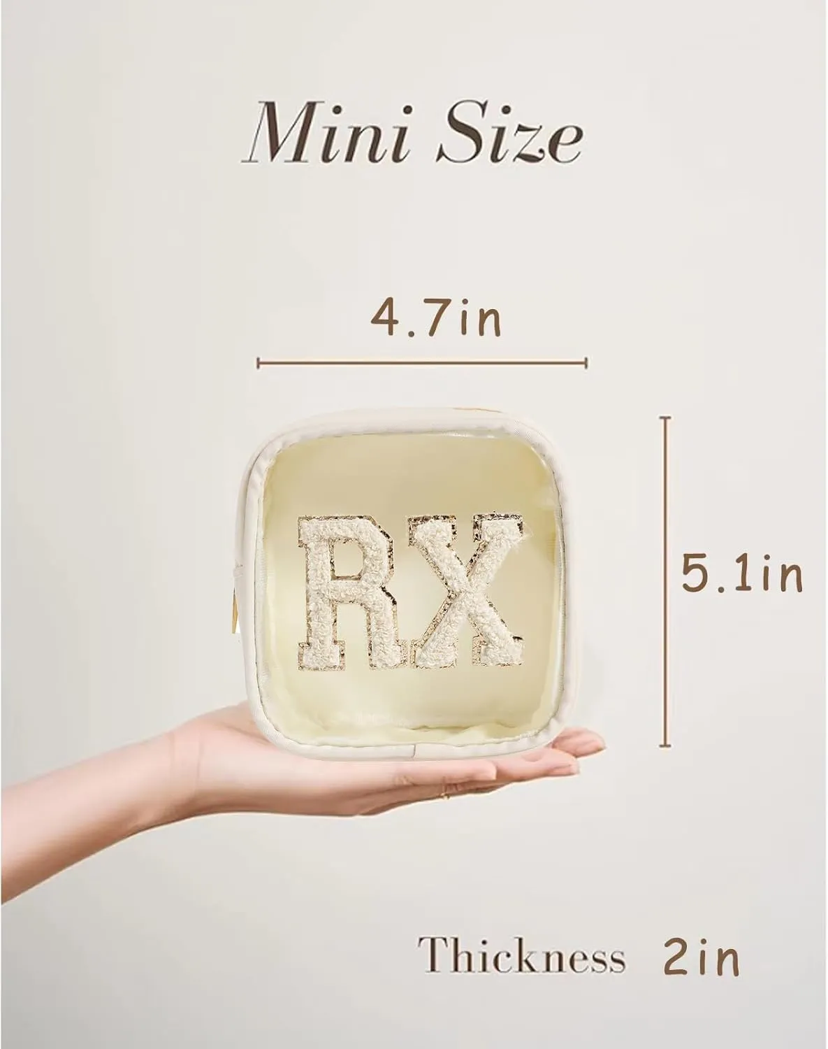 Small Chenille Letter Clear Medicine Makeup Bags,Nylon PVC Waterproof Rx Pouch with Metal Zipper, Cute Drug First Aid Travel Organizer for Women Girls(06Beige)