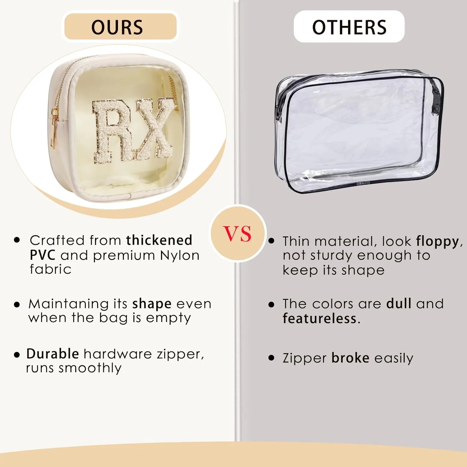 Small Chenille Letter Clear Medicine Makeup Bags,Nylon PVC Waterproof Rx Pouch with Metal Zipper, Cute Drug First Aid Travel Organizer for Women Girls(06Beige)