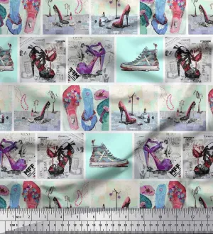 Soimoi Japan Crepe Green Fabric - by The Yard - 42 Inch Wide - Slippers, Shoes & High Heels Patchwork Glam - Fashionable Footwear-Inspired Designs Printed Fabric