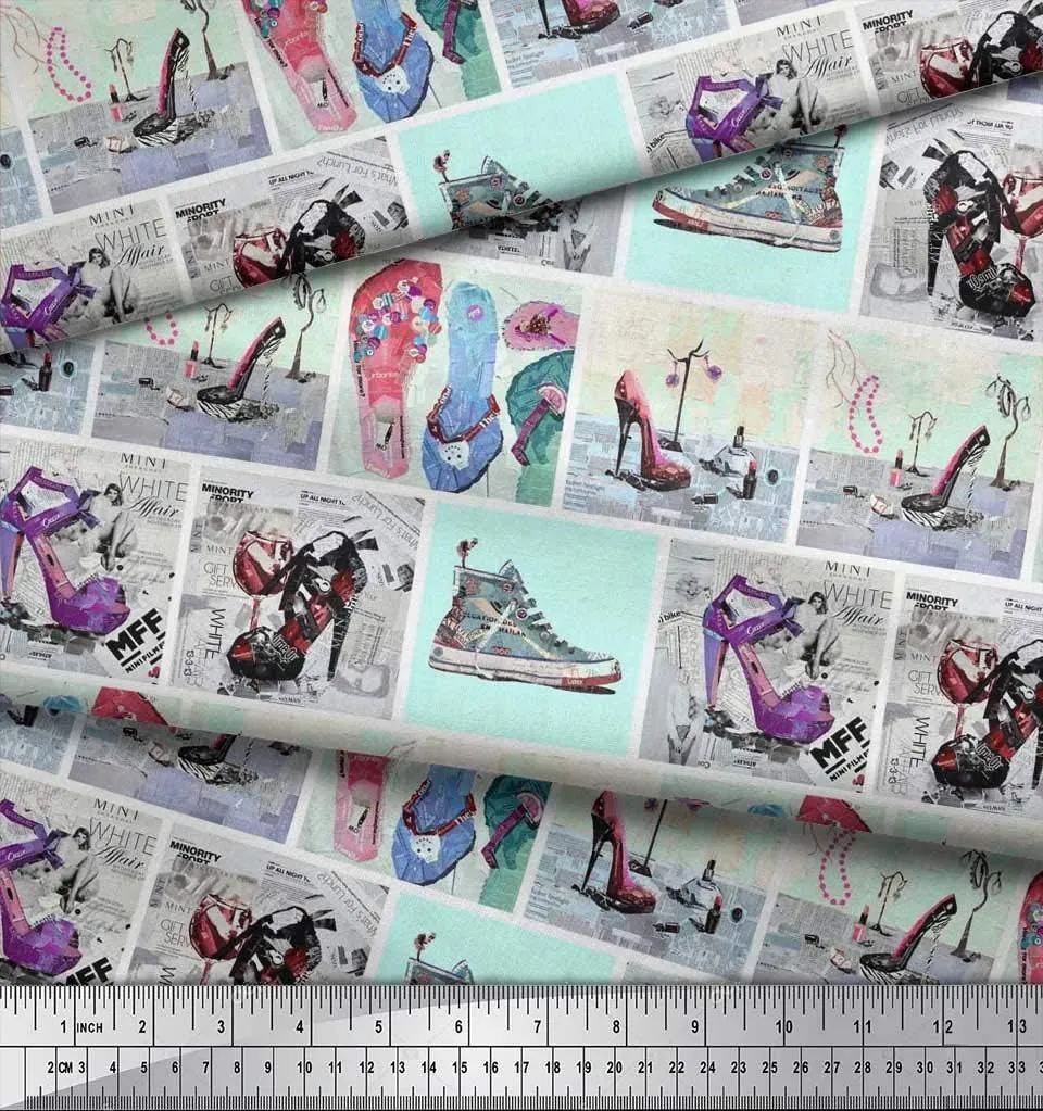 Soimoi Japan Crepe Green Fabric - by The Yard - 42 Inch Wide - Slippers, Shoes & High Heels Patchwork Glam - Fashionable Footwear-Inspired Designs Printed Fabric