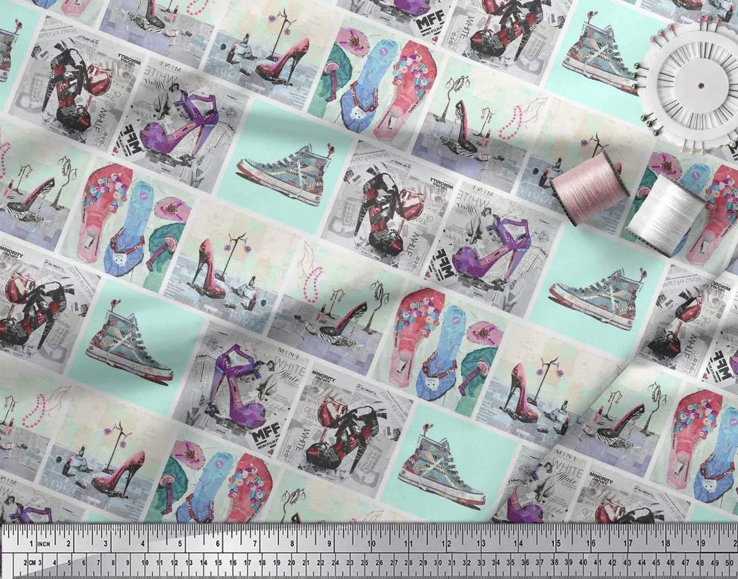 Soimoi Japan Crepe Green Fabric - by The Yard - 42 Inch Wide - Slippers, Shoes & High Heels Patchwork Glam - Fashionable Footwear-Inspired Designs Printed Fabric