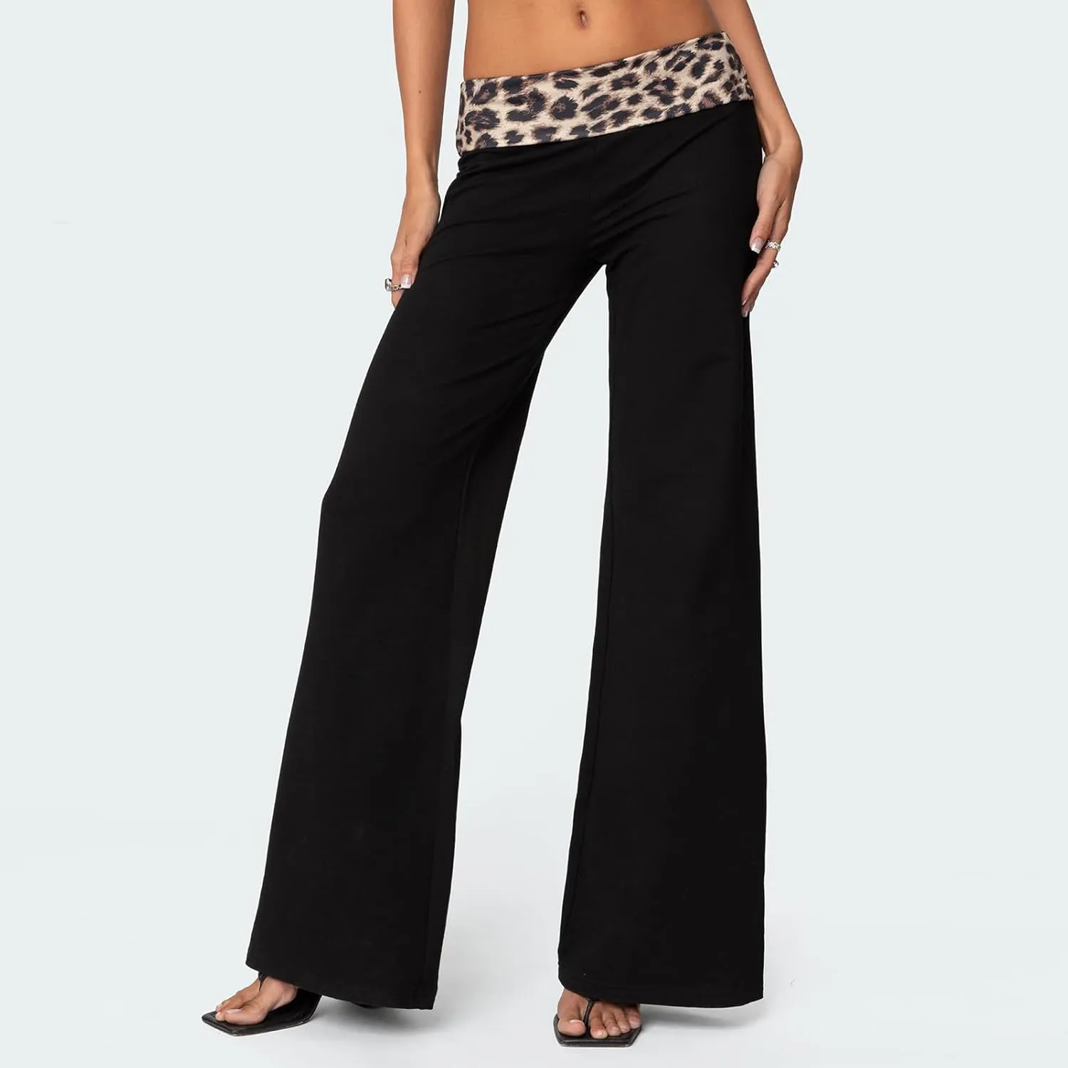 SOLILOQUY Women Leopard Waistband Slight Flare Pants Solid Color Bell Bottoms Trendy Bootcut Trousers Y2K Streetwear