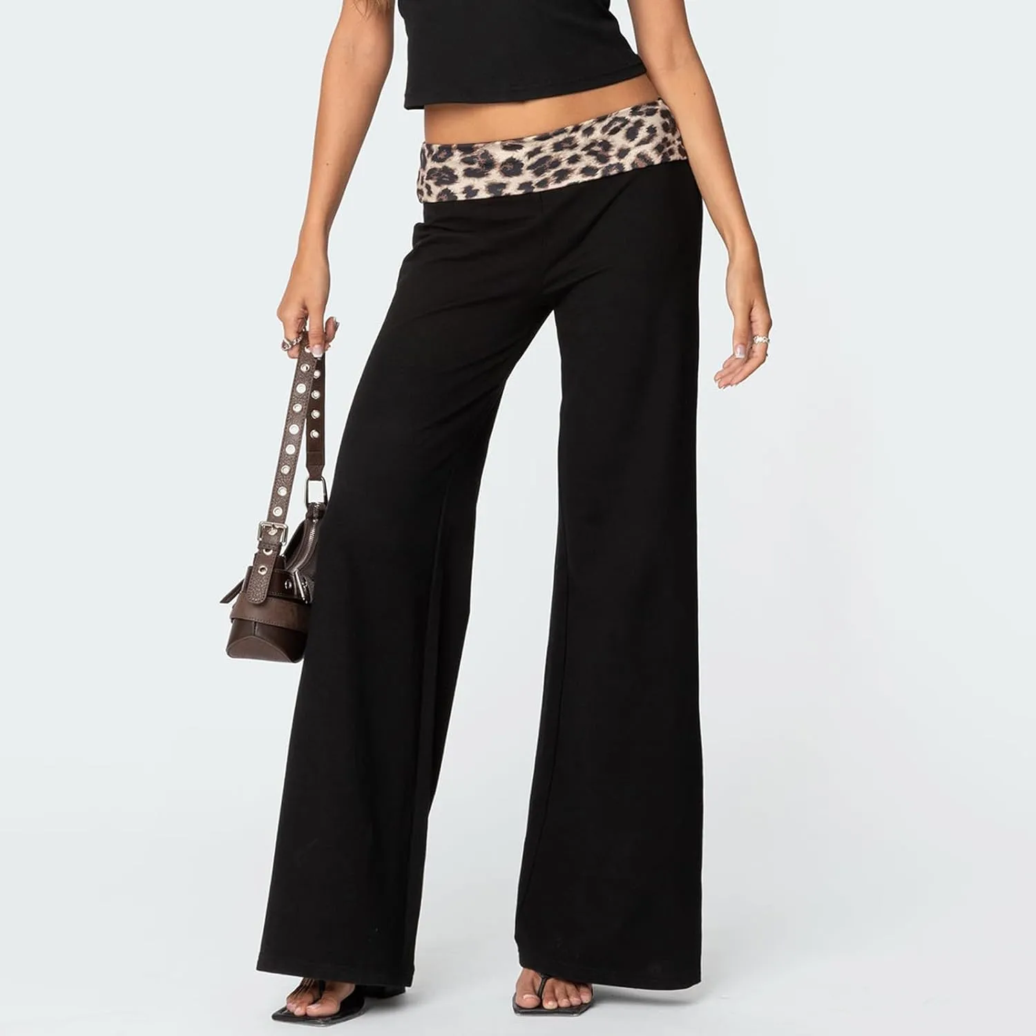 SOLILOQUY Women Leopard Waistband Slight Flare Pants Solid Color Bell Bottoms Trendy Bootcut Trousers Y2K Streetwear