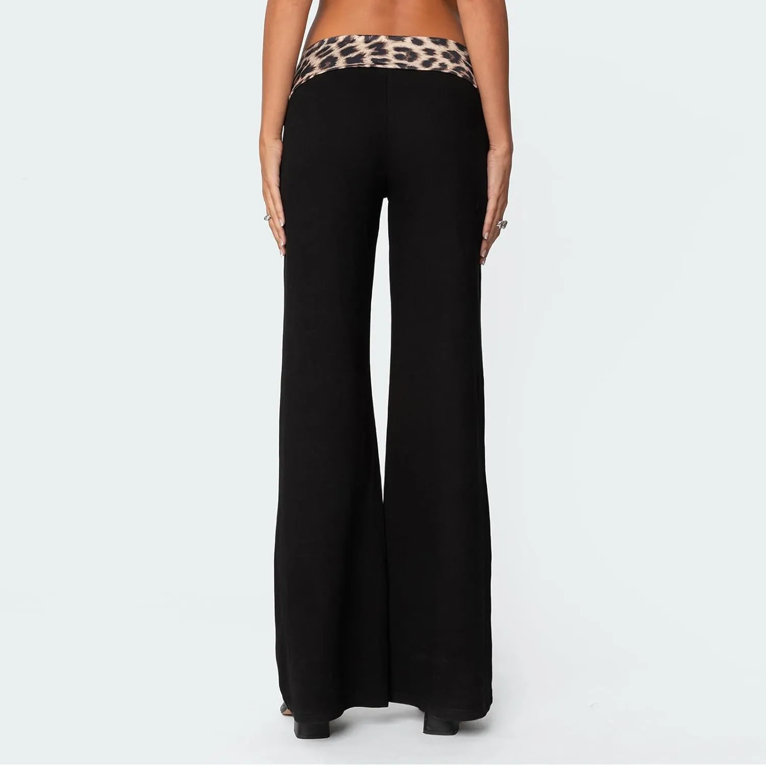 SOLILOQUY Women Leopard Waistband Slight Flare Pants Solid Color Bell Bottoms Trendy Bootcut Trousers Y2K Streetwear