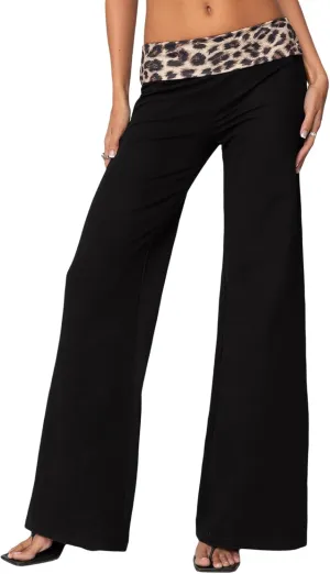 SOLILOQUY Women Leopard Waistband Slight Flare Pants Solid Color Bell Bottoms Trendy Bootcut Trousers Y2K Streetwear